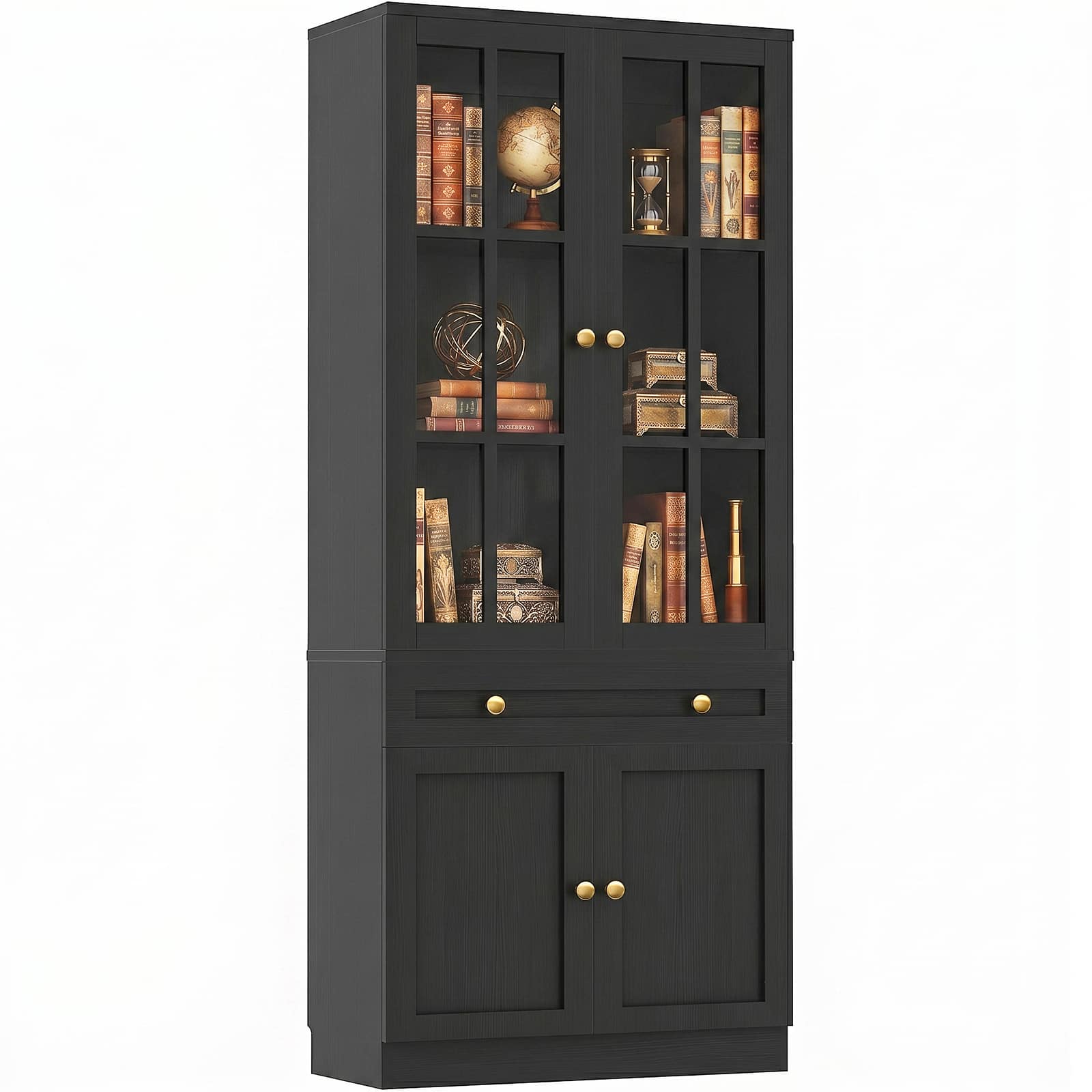 Aheaplus - 80" Tall Farmhouse Bookcase with Glass Doors, Drawer and Adjustable Shelves, Freestanding Storage Cabinet - Black