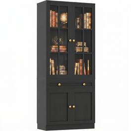 Aheaplus - 80" Tall Farmhouse Bookcase with Glass Doors, Drawer and Adjustable Shelves, Freestanding Storage Cabinet - Black