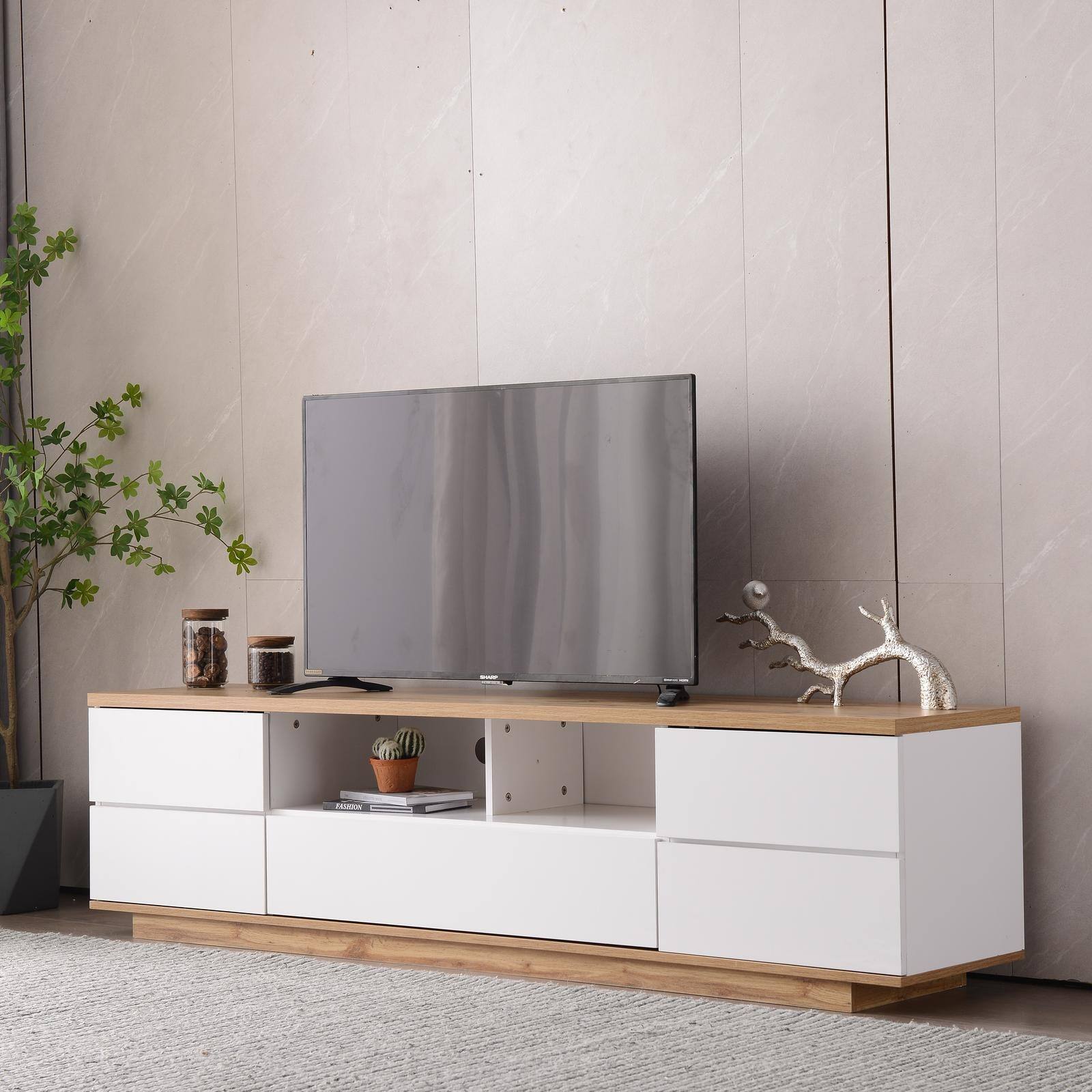 Alt View 6. Spaco - Spaco Modern TV Stand for 80" TV,Media Console with Door Rebound Device and Storage for Living Room Entertainment Center - White+Natural.