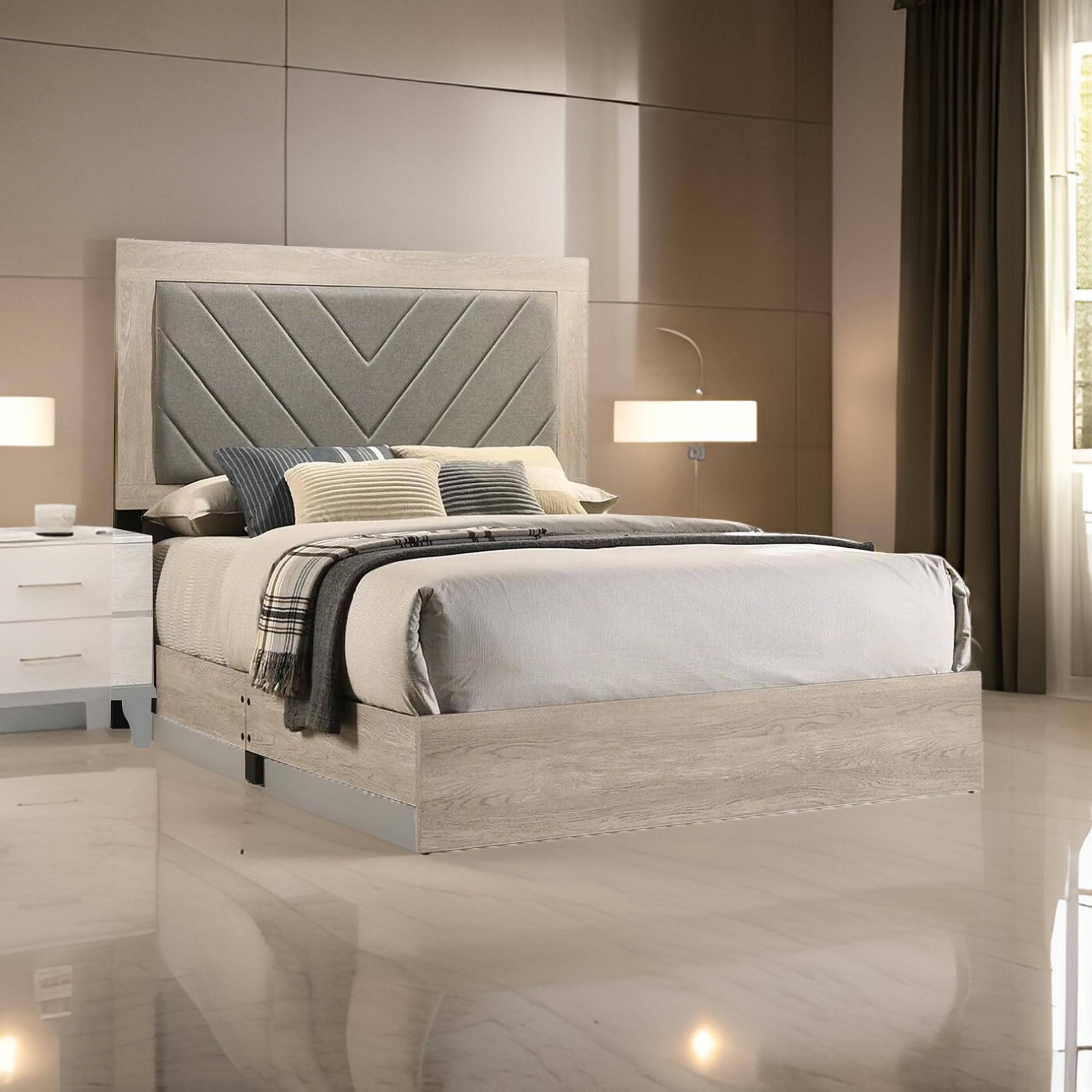 Alt View 5. Manhattan Lane - Cato Upholstered Queen Size Bed, Chevron Tufted Gray Headboard - Gray,  Cream.