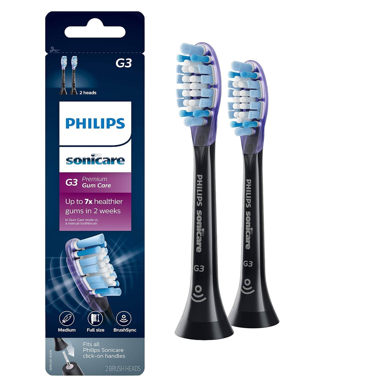 G3  
2 heads  

PHILIPS sonicare  
Premium Gum Care  

Up to 7x healthier gums in 2 weeks in Gum Care mode vs a manual toothbrush  

Medium  
Full size  
BrushSync  

Fits all Philips Sonicare click-on handles  

2 BRUSH HEADS  

G3  
PHILIPS sonicare  
G3  

G3  
PHILIPS sonicare  
G3