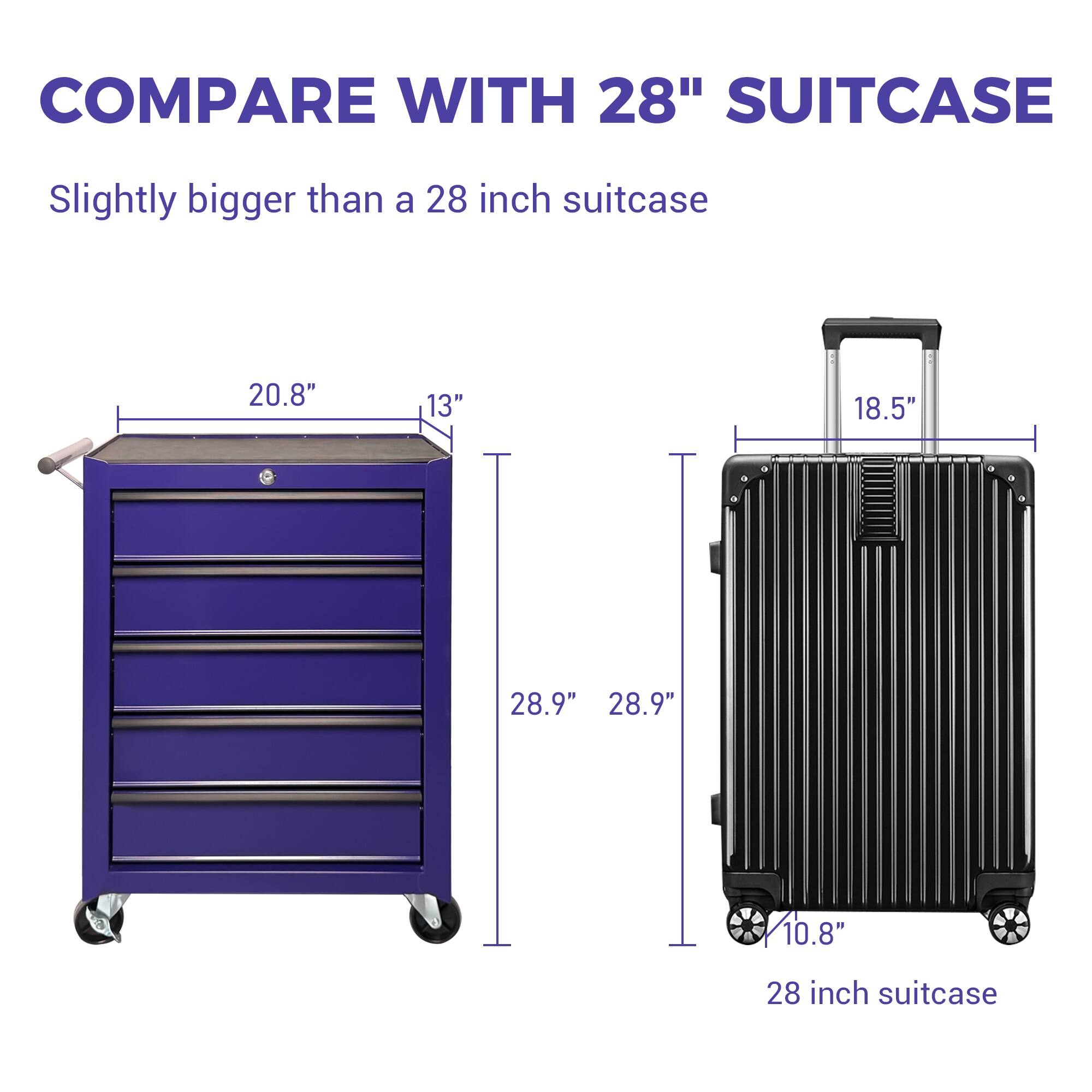 COMPARE WITH 28" SUITCASE

Slightly bigger than a 28 inch suitcase

20.8" 13" 18.5" 28.9" 28.9" 10.8" 28 inch suitcase