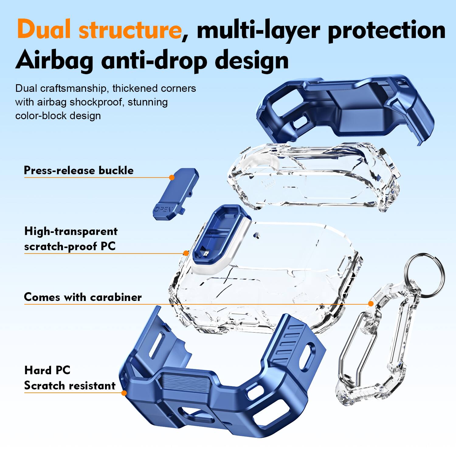 Dual structure, multi-layer protection Airbag anti-drop design

Dual craftsmanship, thickened corners with airbag shockproof, stunning color-block design

Press-release buckle

High-transparent scratch-proof PC

Comes with carabiner

Hard PC Scratch resistant