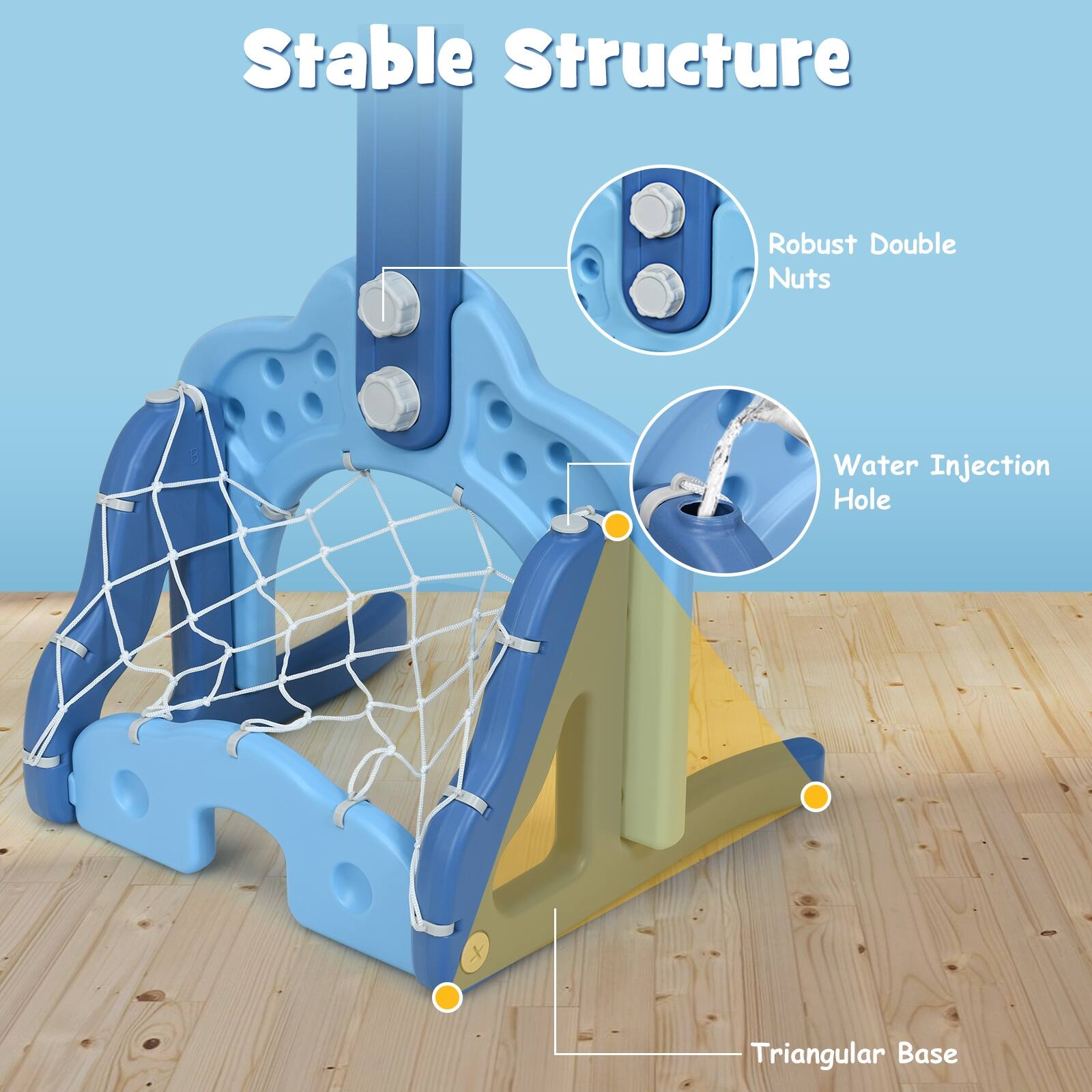Stable Structure  
- Robust Double Nuts  
- Water Injection Hole  
- Triangular Base