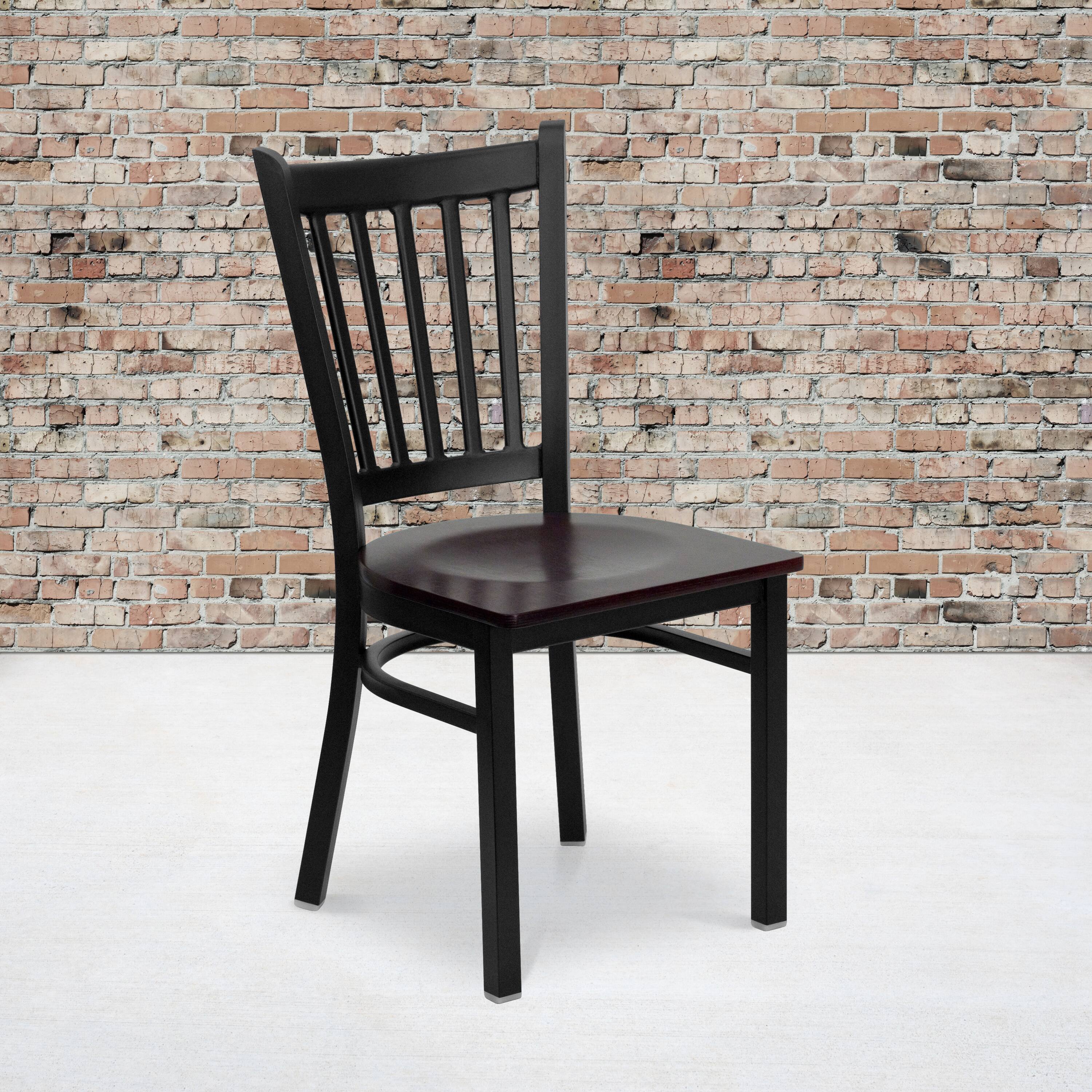 Alt View 1. Emma + Oliver - Vertical Back Metal Restaurant Dining Chair - Mahogany Wood Seat/Black Metal Frame.