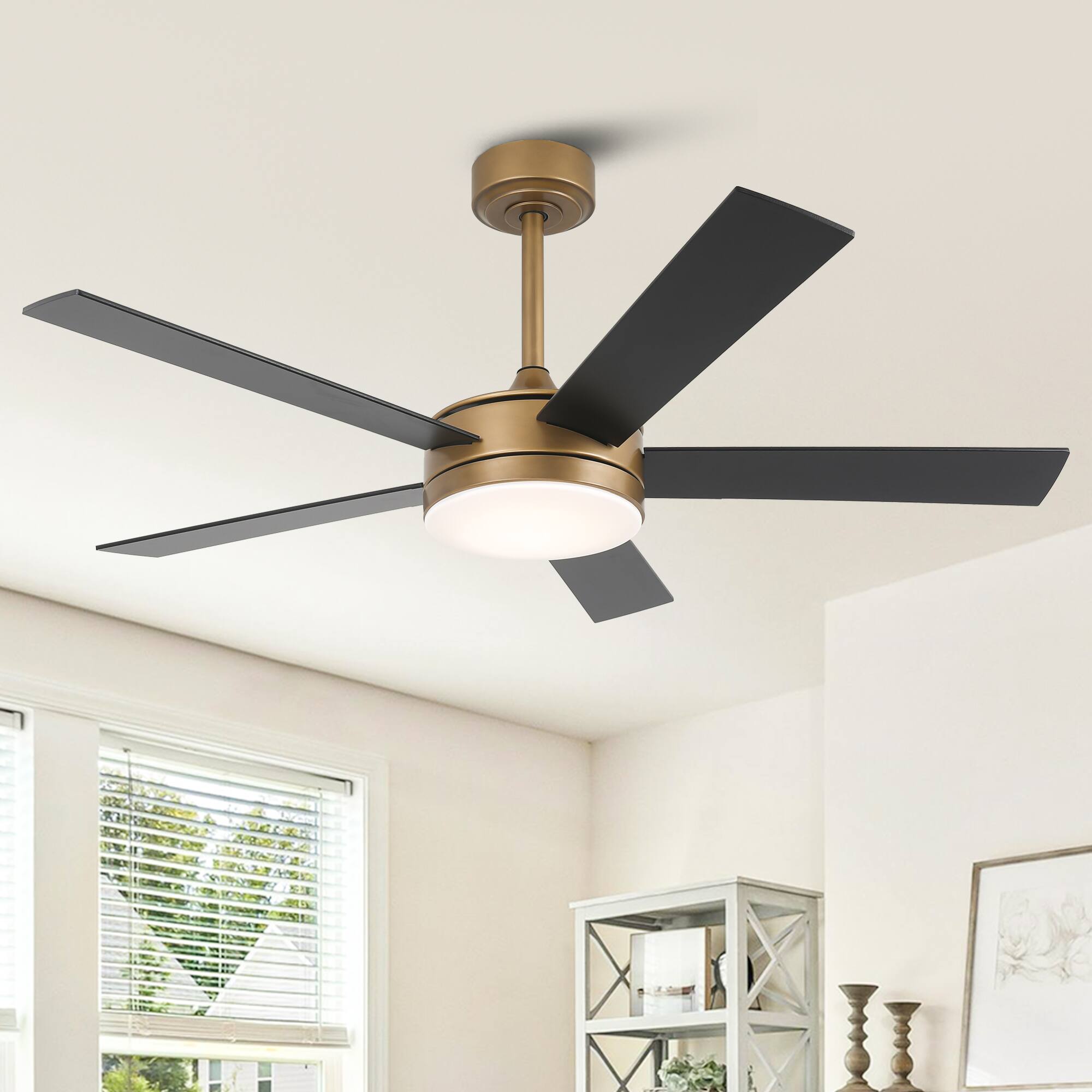 Front. Vaczon - 48" Modern Dimmable LED Smart Ceiling Fan with Light and App, Remote and Reversible Blades - Gold.
