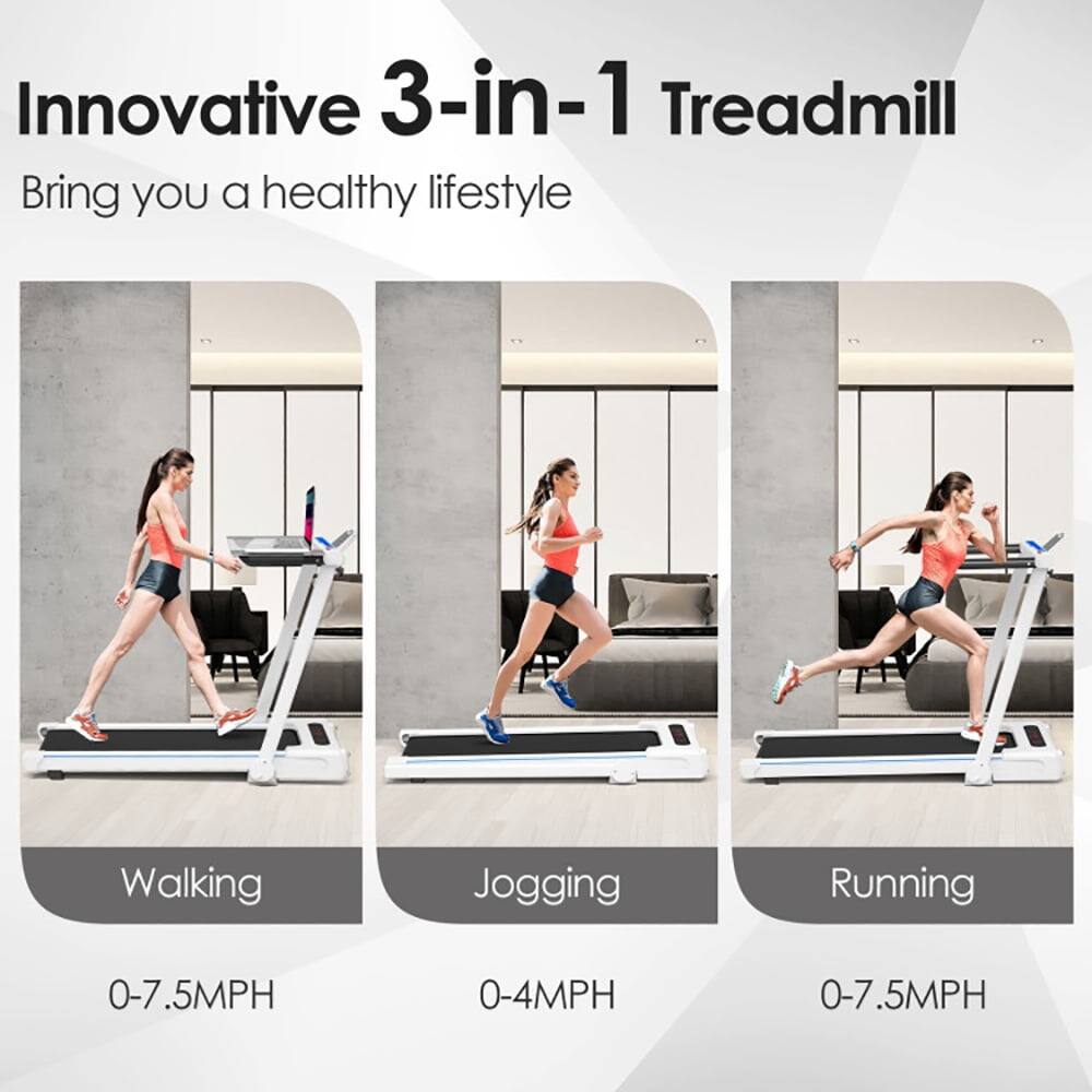Innovative 3-in-1 Treadmill  
Bring you a healthy lifestyle  

Walking  
0-7.5MPH  

Jogging  
0-4MPH  

Running  
0-7.5MPH