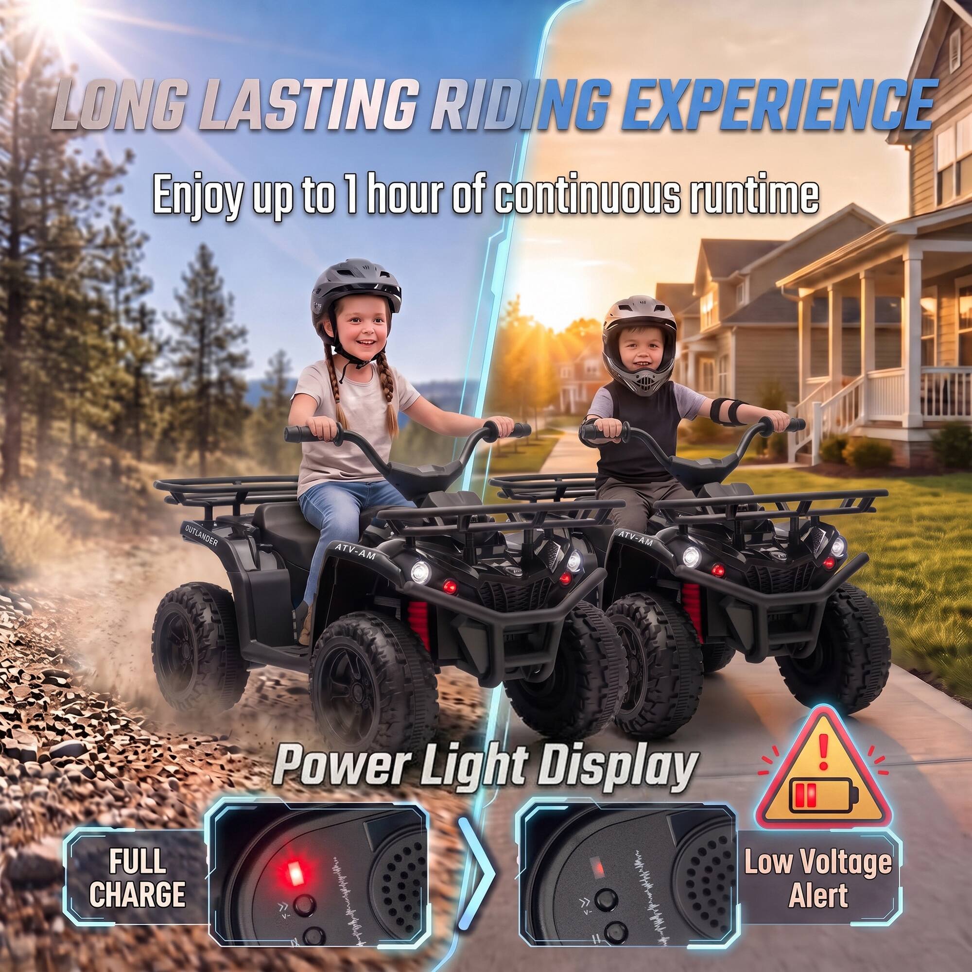 LONG LASTING RIDING EXPERIENCE  
Enjoy up to 1 hour of continuous runtime  

OUTLANDER  
MA-VTA  
MA-VTA  

Power Light Display  
FULL CHARGE  
Low Voltage Alert