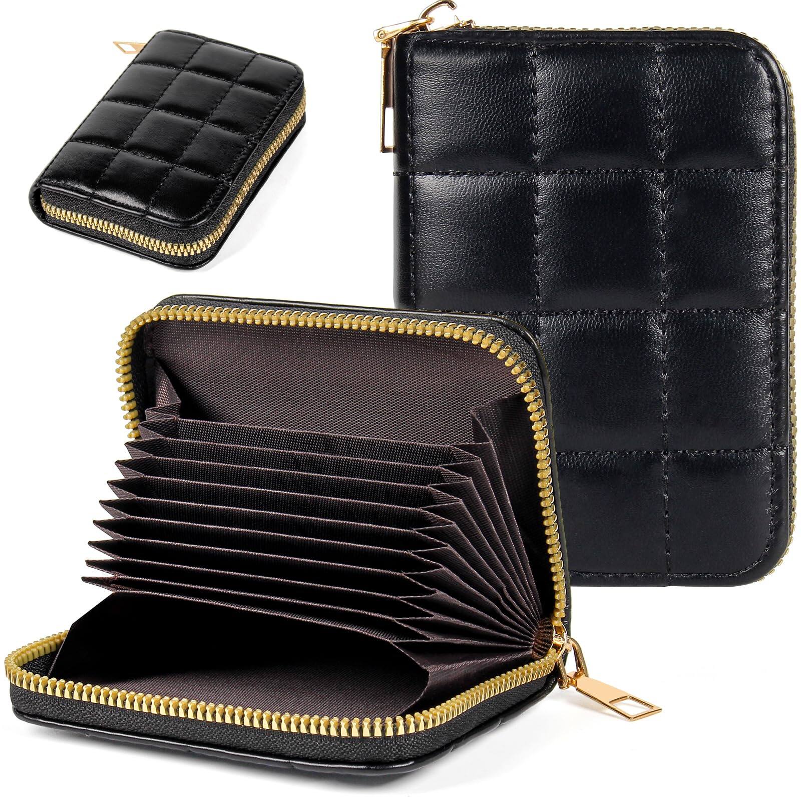 Front. Jadie Link - Credit Card Holder Rfid Case Wallet Small Accordion Zipper Organizer Women Men High-quality Leather Credit Card Holder - Goatskin leather Black.