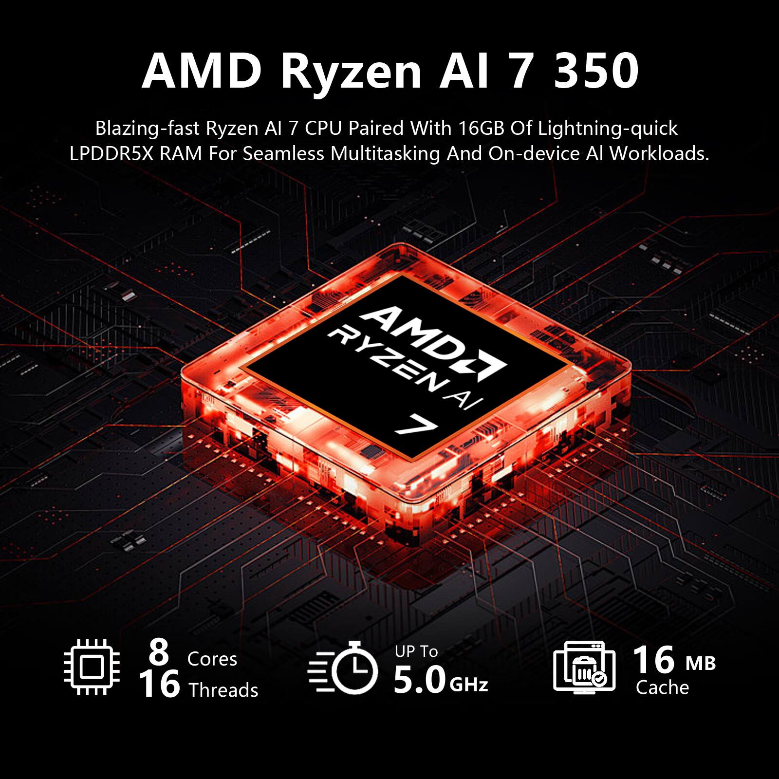 AMD Ryzen AI 7 350  
Blazing-fast Ryzen AI 7 CPU Paired With 16GB Of Lightning-quick LPDDR5X RAM For Seamless Multitasking And On-device AI Workloads.  
AMD Ryzen AI 7  
8 Cores 16 Threads  
UP To 5.0 GHz  
16 MB Cache