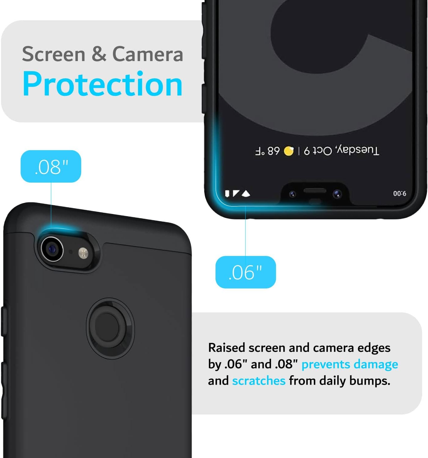 Screen & Camera Protection

Raised screen and camera edges by .06" and .08" prevents damage and scratches from daily bumps.