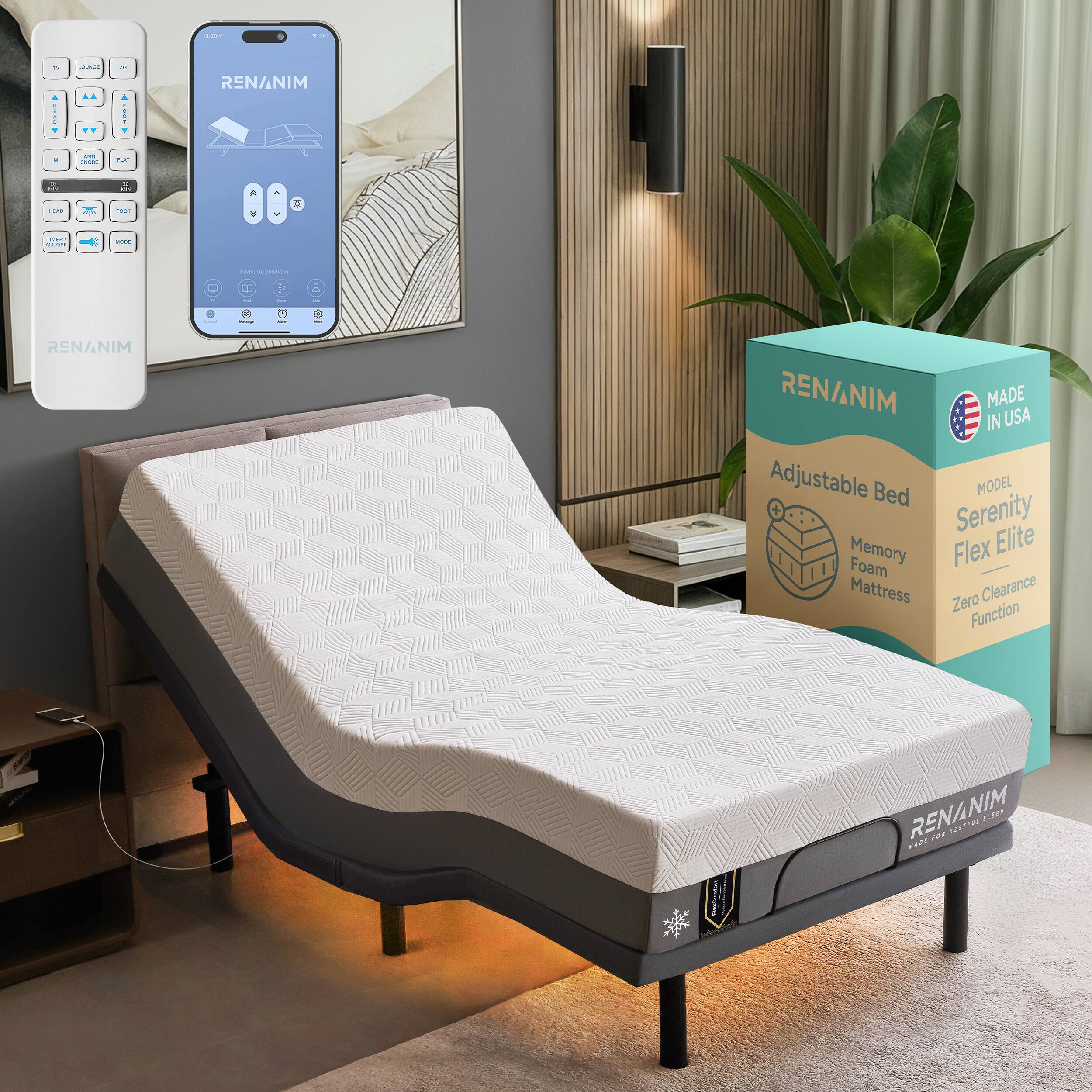 Renanim - SFE Twin XL Adjustable Electric Bed Frame with 12" Memory Foam Mattress, Massage, USB, Remote & UnderBed Light - Gray