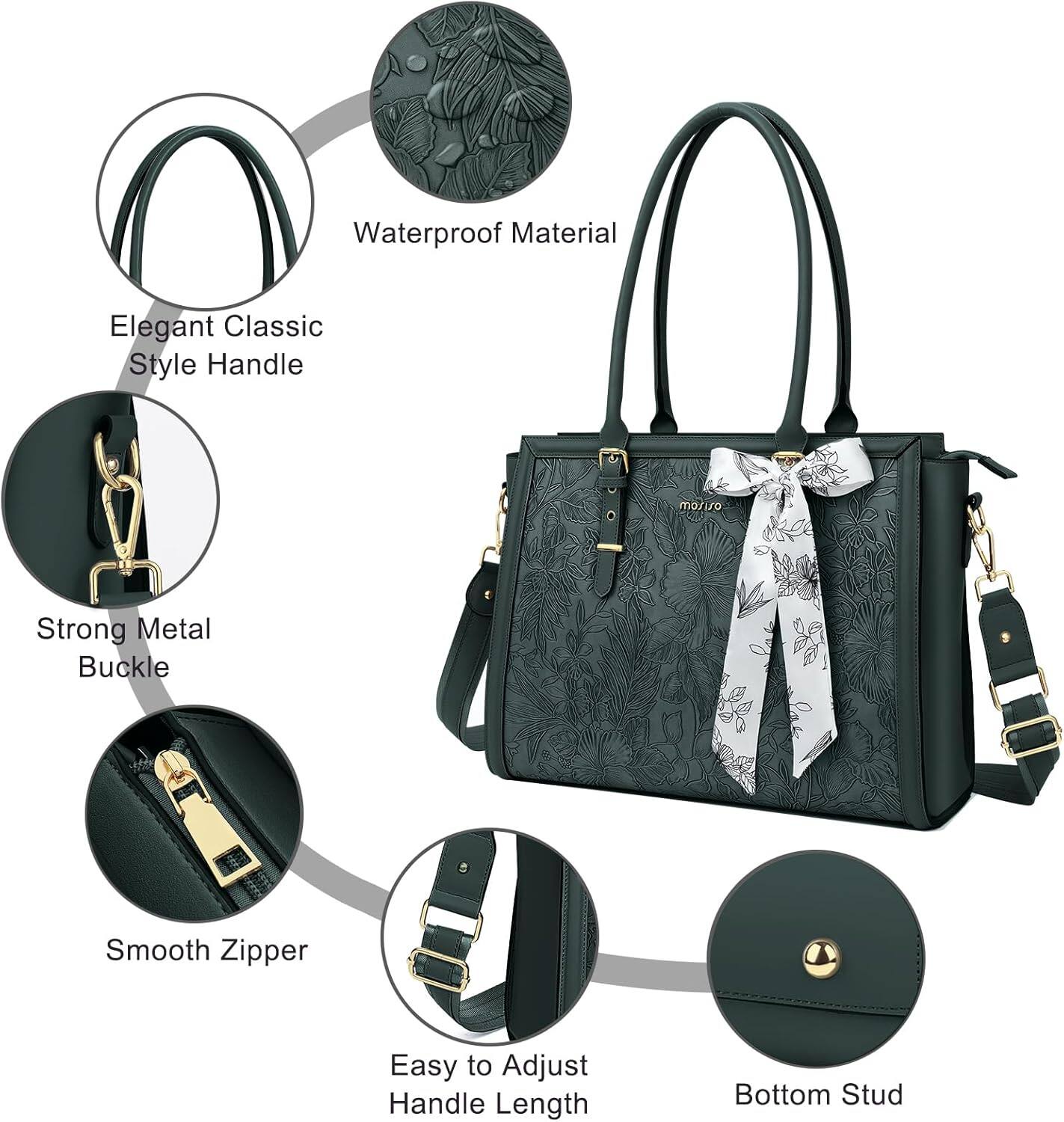 Waterproof Material  
Elegant Classic Style Handle  
Strong Metal Buckle  
Smooth Zipper  
Easy to Adjust Handle Length  
Bottom Stud