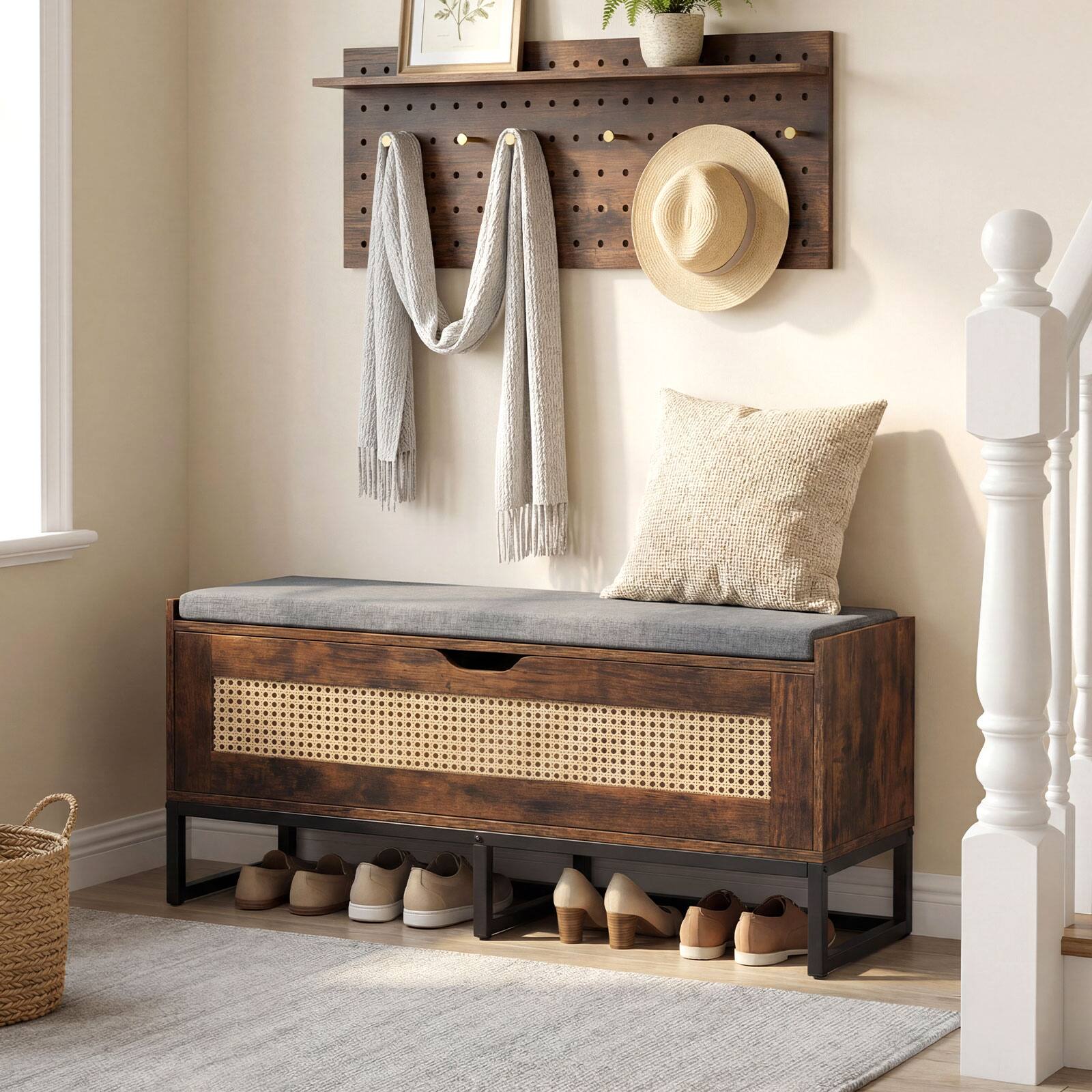 Alt View 1. Costway - Costway 39.5" Rattan Storage Chest with Padded Seat, Flip-Top and Safety Hinges for Bedroom - Rustic Brown + Black.