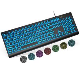 TECH SAFARI - Print Backlit Wired Usb Lighted Computer Keyboards With 7-color & 4 Modes Oversize Letters Keys Easy To See - Black