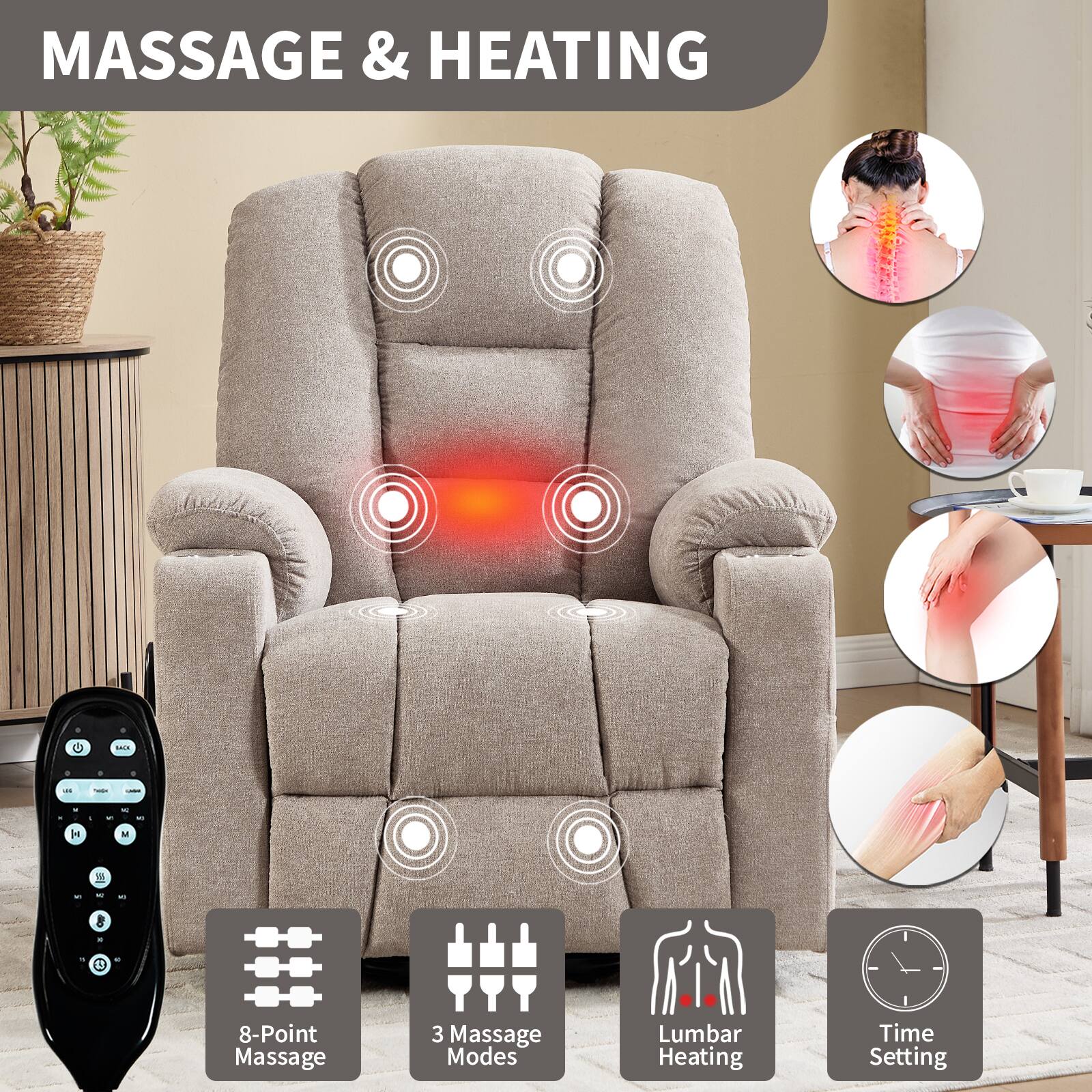 MASSAGE & HEATING

- 8-Point Massage
- 3 Massage Modes
- Lumbar Heating
- Time Setting