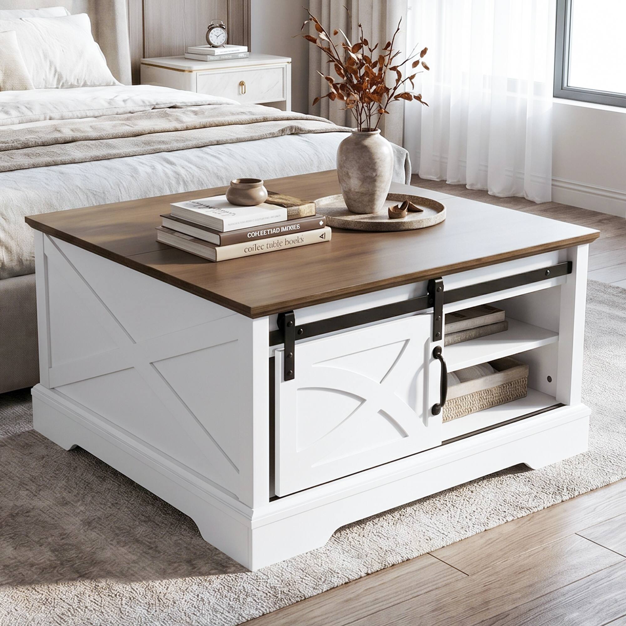 "Ihomeadore - 31.5"" Farmhouse Wood Square Lift-Top Coffee Table with Sliding Barn Door and Storage - White" price history on PriceWatchPro
