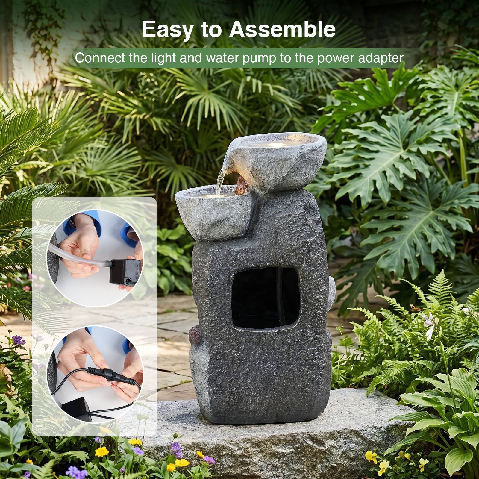 Easy to Assemble  
Connect the light and water pump to the power adapter