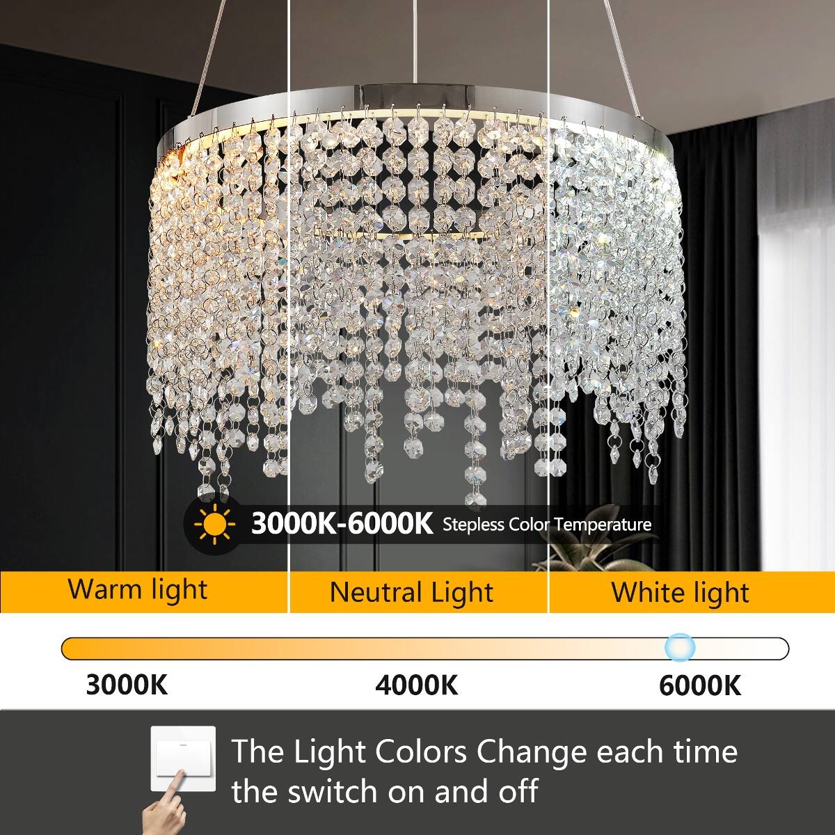 3000K-6000K Stepless Color Temperature

Warm light
Neutral Light
White light

3000K
4000K
6000K

The Light Colors Change each time the switch on and off
