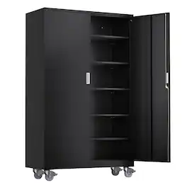Winado - Large Metal Storage Cabinet with 2 Doors, 5 Adjustable Shelves, 900 lbs Capacity, 360° Swivel Wheels for Garage, Office - Black