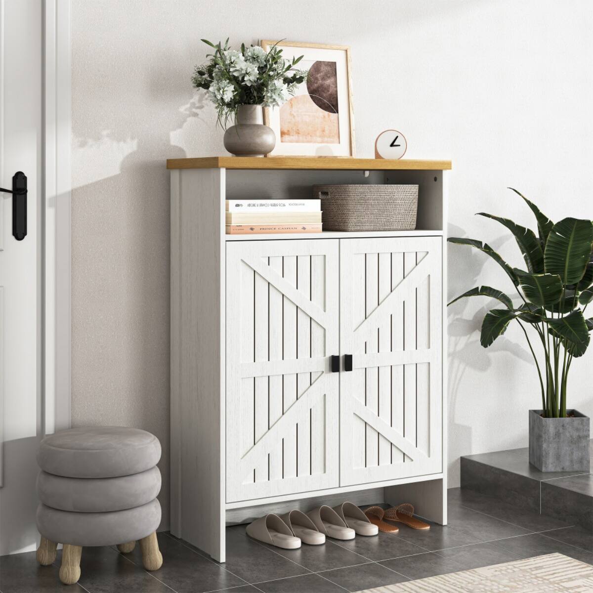 Angle. HTUTWOO - Entryway Shoe Cabinet - 5-Tier Narrow Shoe Storage with 2 Doors & Open Shelves, Space-Saving,for Hallway, Apartment. - White.