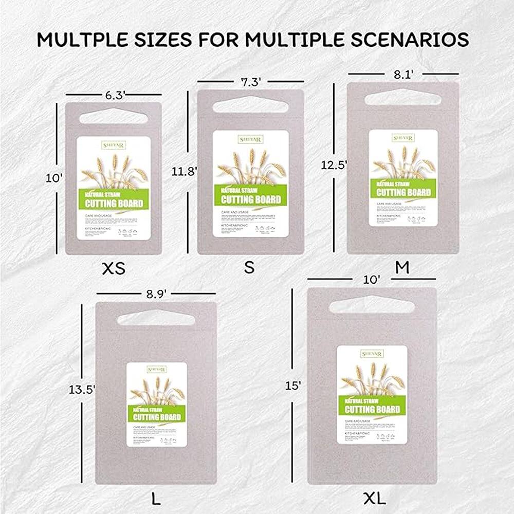 MULTIPLE SIZES FOR MULTIPLE SCENARIOS

- XS: 6.3' NATURAL STRAW CUTTING BOARD
- S: 7.3' NATURAL STRAW CUTTING BOARD
- M: 8.1' NATURAL STRAW CUTTING BOARD
- L: 8.9' NATURAL STRAW CUTTING BOARD
- XL: 10' NATURAL STRAW CUTTING BOARD

Additional sizes:
- 11.8' NATURAL STRAW CUTTING BOARD
- 12.5' NATURAL STRAW CUTTING BOARD
- 13.5' NATURAL STRAW CUTTING BOARD
- 15' NATURAL STRAW CUTTING BOARD