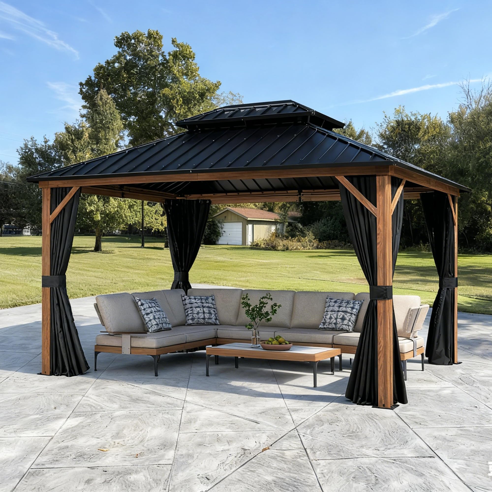 Angle. PURPLE LEAF - 10' X 12' Outdoor Aluminum Wood Grain Hardtop Gazebo with Galvanized Steel Double Roof with Netting and Curtains - 10' X 12'.