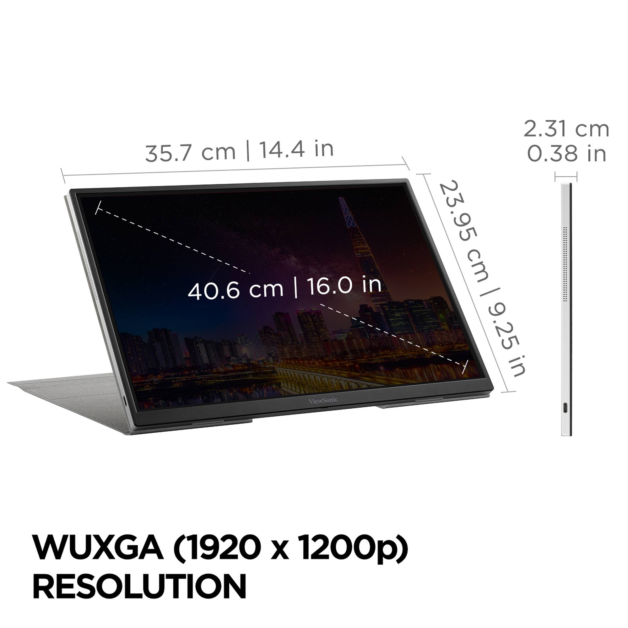 The image shows a laptop screen with a resolution of 1920 x 1200 pixels. The screen size is 35.7 cm or 14.4 inches. The laptop is open, and the screen is displaying a cityscape. The image also includes a ruler that measures the screen size and resolution.