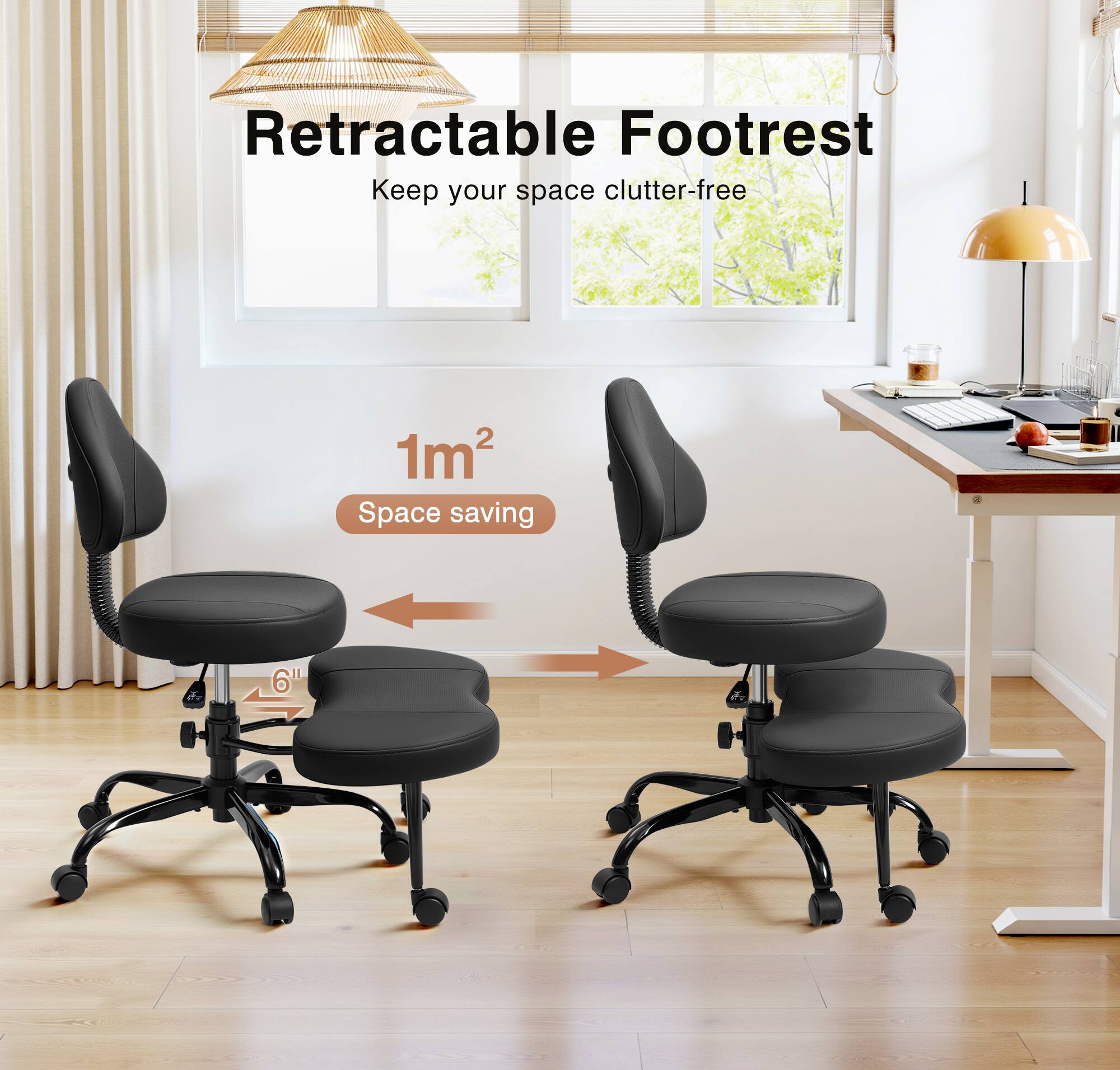 Retractable Footrest  
Keep your space clutter-free  

1m²  
Space saving  

6"