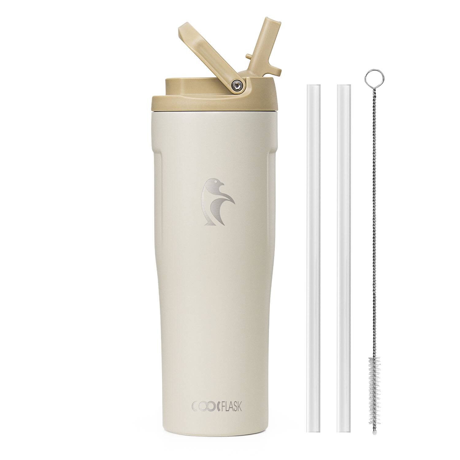 Front. Coolflask - Slim Tumbler Stainless Steel with Straw & Handle - Fits Car Cup Holder - 32oz White.