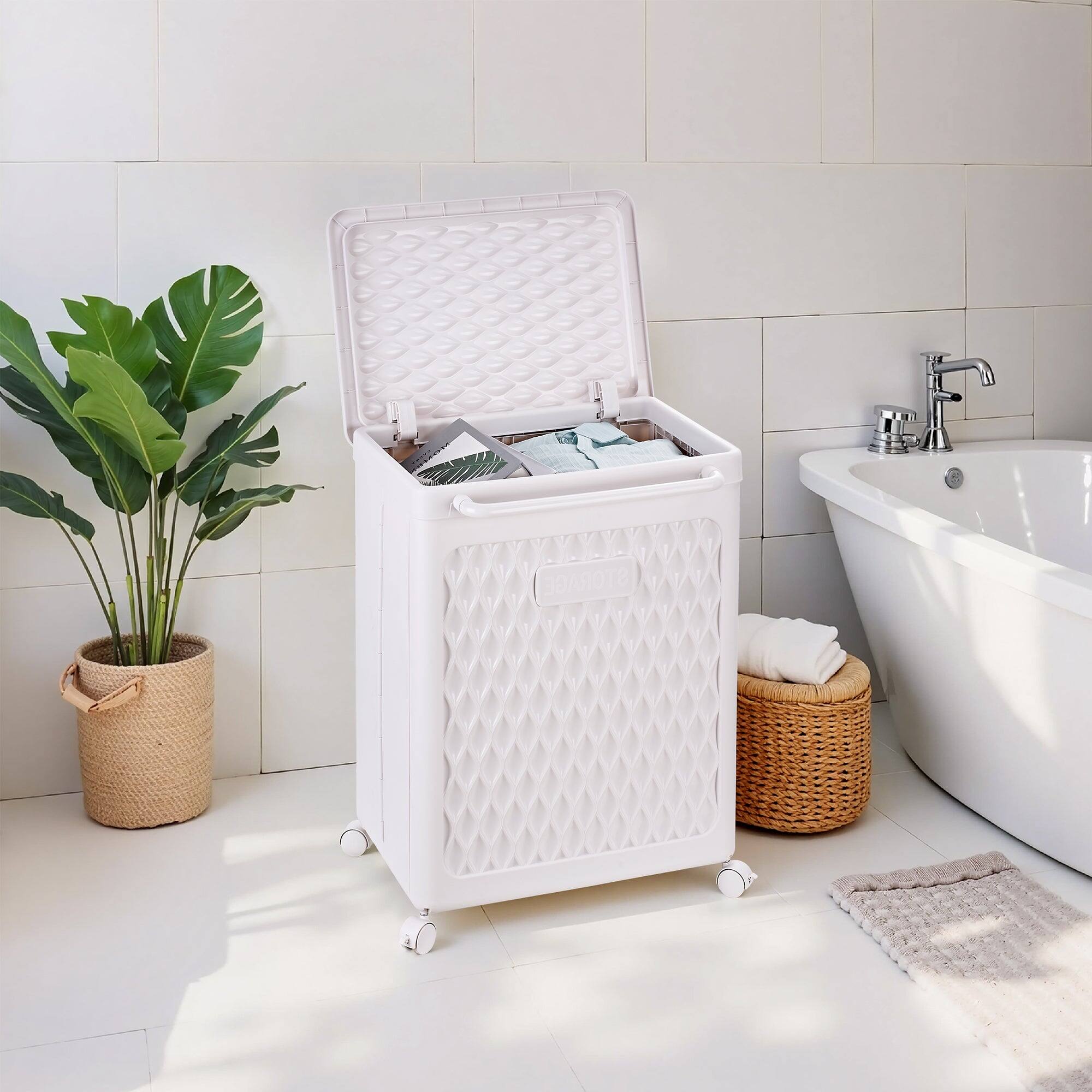 Back. Vecelo - White Laundry Hamper With Wheels & Lid-Storage Basket, Lockable Casters For Home Closet Organizer,13.78" x 19.29" x 25" - White.
