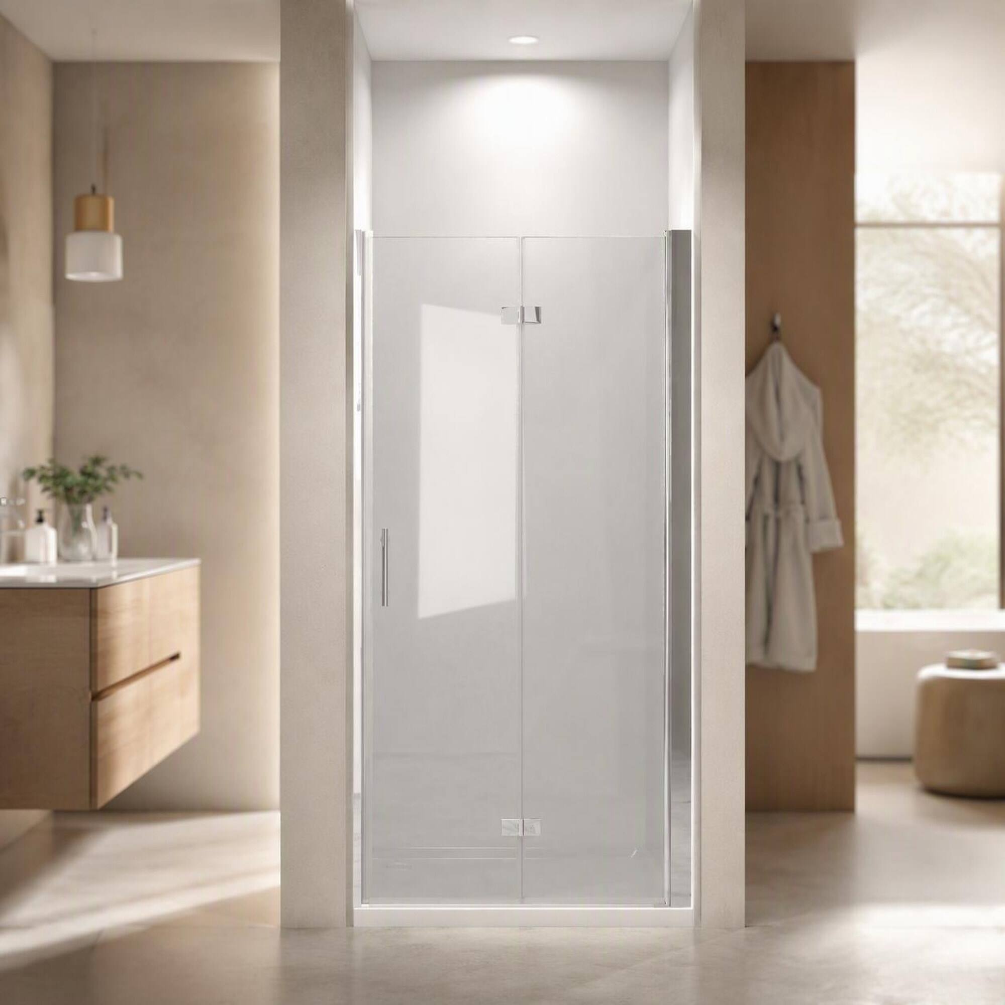 Front. RYHNUYNE - 34-35 In X 72 In Bifold Shower Door, 1/4 In Clear Tempered Glass Chrome Finish - Chrome.