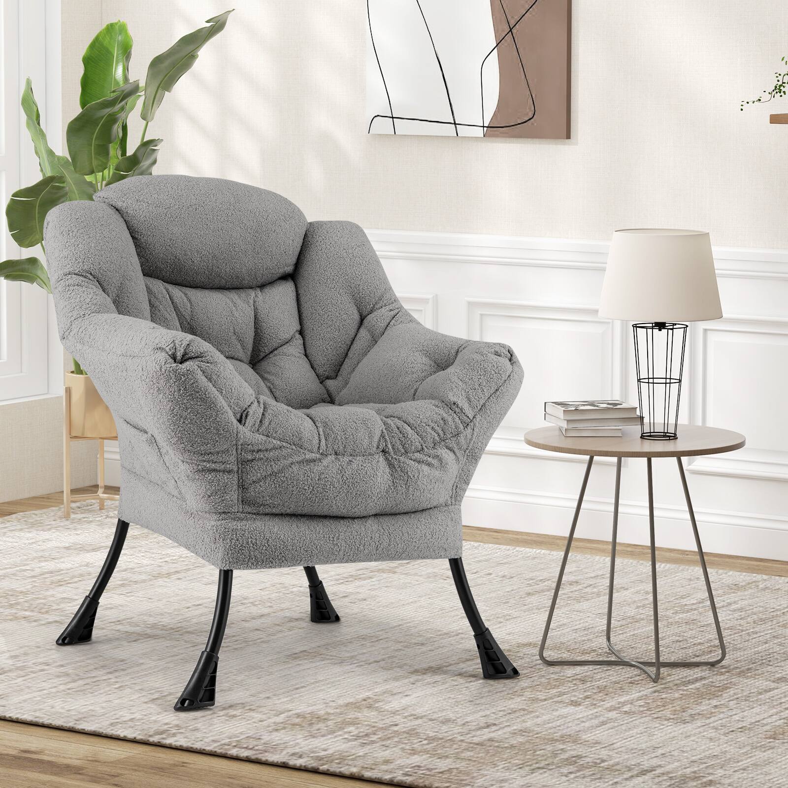 Angle. Sugift - Sherpa Upholstered Accent Chair with Cozy Head Pillow - Grey.