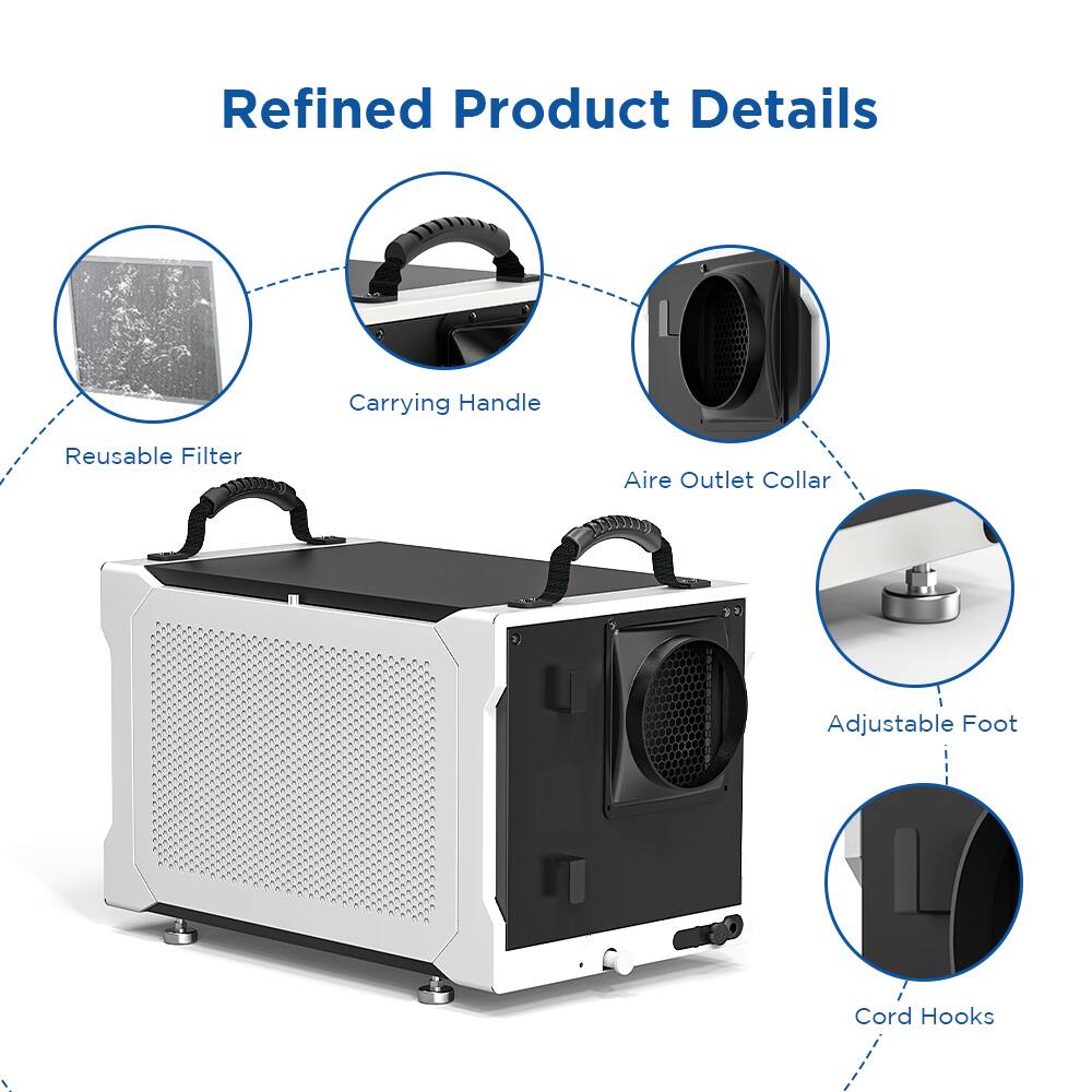 Refined Product Details  
- Carrying Handle  
- Reusable Filter  
- Aire Outlet Collar  
- Adjustable Foot  
- Cord Hooks
