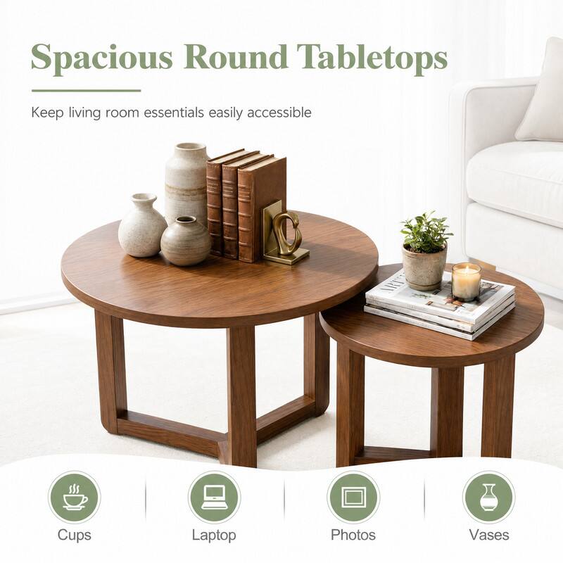 Spacious Round Tabletops  
Keep living room essentials easily accessible  
Cups  
Laptop  
Photos  
Vases