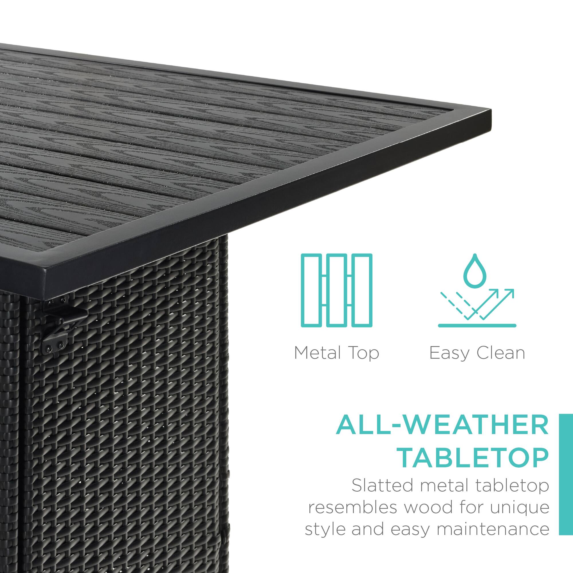 II Metal Top Easy Clean  
ALL-WEATHER TABLETOP  
Slatted metal tabletop resembles wood for unique style and easy maintenance
