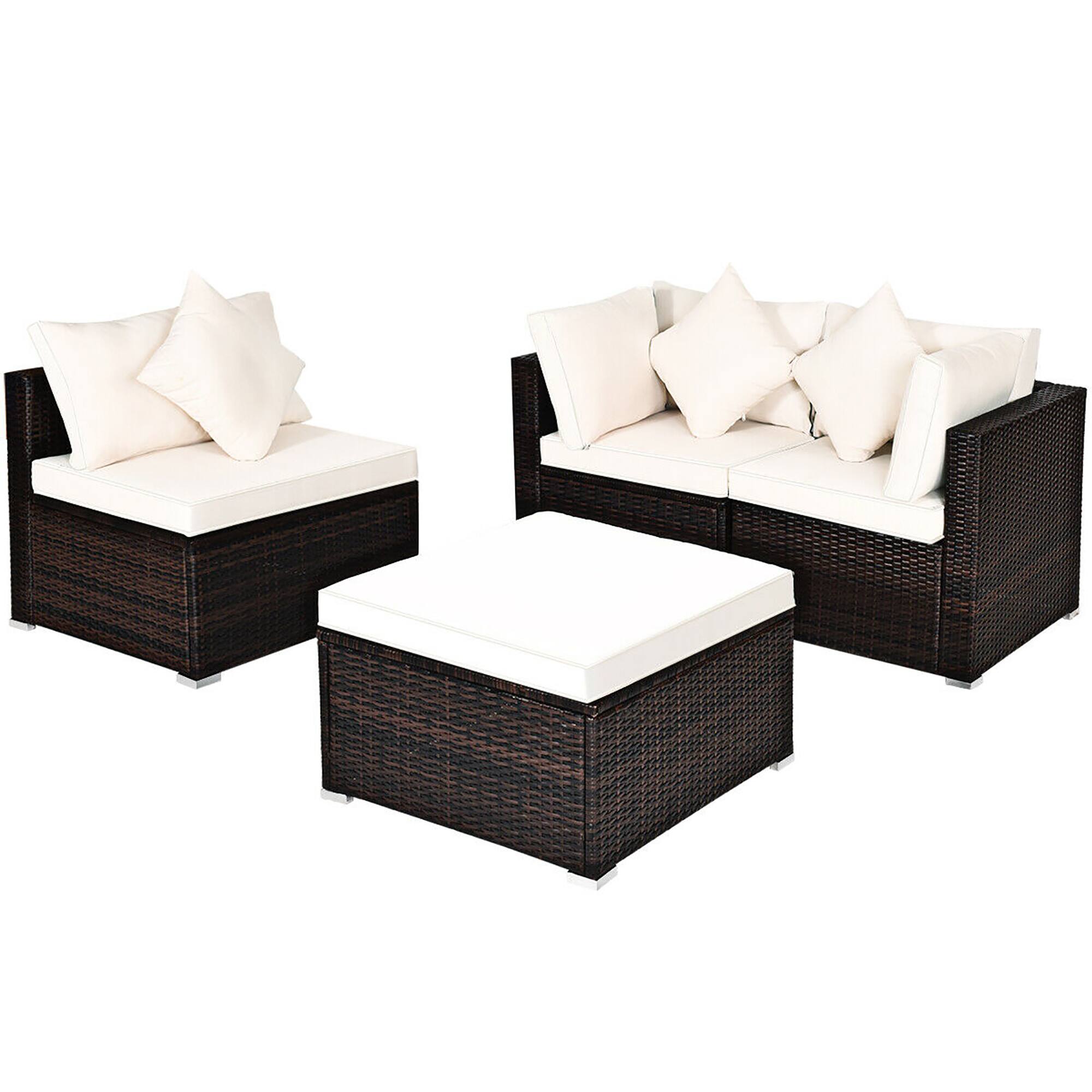 Left. Costway - 4PCS Patio Rattan Wicker Sofa Furniture Set Cushioned Conversation Ottoman Set - White.