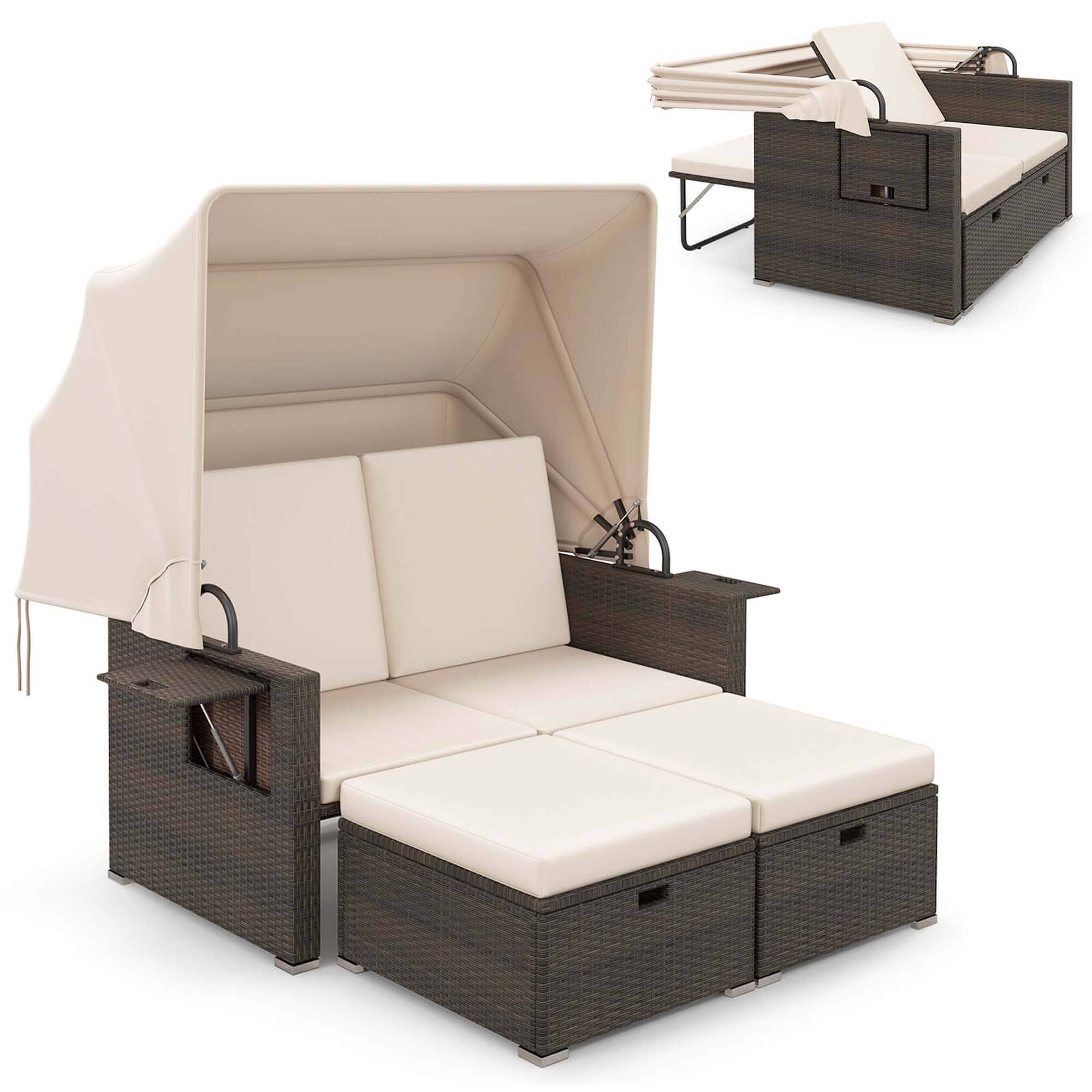 Front. Gymax - Gymax Rattan Daybed w/ Adjustable Backrests & Retractable Canopy for Patio Beige - Beige.