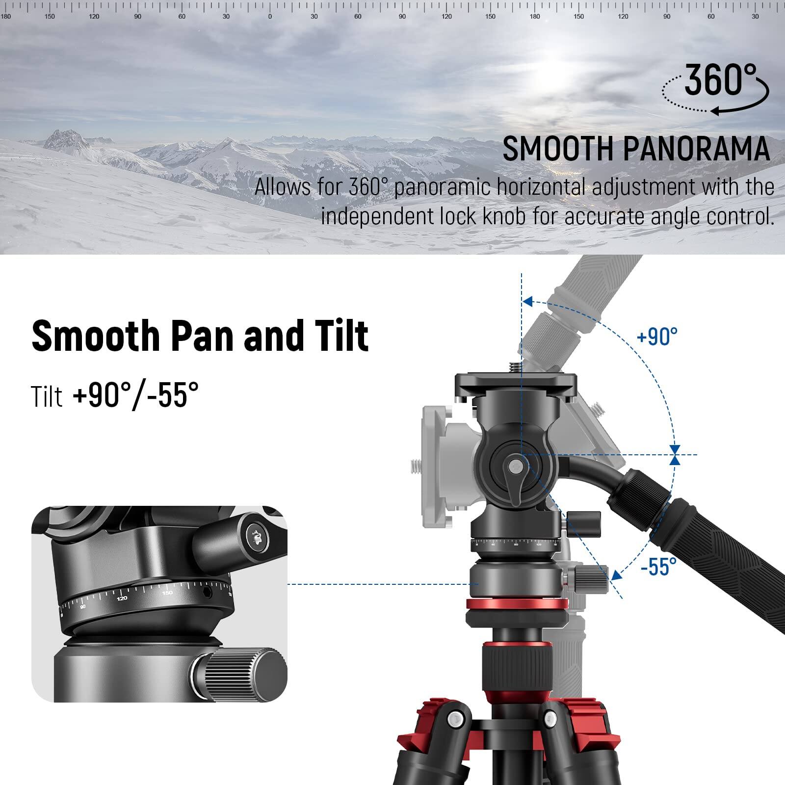 Sure, here is the corrected and grouped text from the image:

---

**Smooth Pan and Tilt**

Tilt: +90° / -55°

**SMOOTH PANORAMA**

Allows for 360° panoramic horizontal adjustment with the independent lock knob for accurate angle control.

---

**Smooth Pan and Tilt**

Tilt: +90° / -55°

**SMOOTH PANORAMA**

Allows for 360° panoramic horizontal adjustment with the independent lock knob for accurate angle control.

---

**Smooth Pan and Tilt**

Tilt: +90° / -55°

**SMOOTH PANORAMA**

Allows for 360° panoramic horizontal adjustment with the independent lock knob for accurate angle control.

---

**Smooth Pan and Tilt**

Tilt: +90° / -55°

**SMOOTH PANORAMA**

Allows for 360° panoramic horizontal adjustment with the independent lock knob for accurate angle control.

---

**Smooth Pan and Tilt**

Tilt: +90° / -55°

**SMOOTH PANORAMA**

Allows for 360° panoramic horizontal adjustment with the independent lock knob for accurate angle