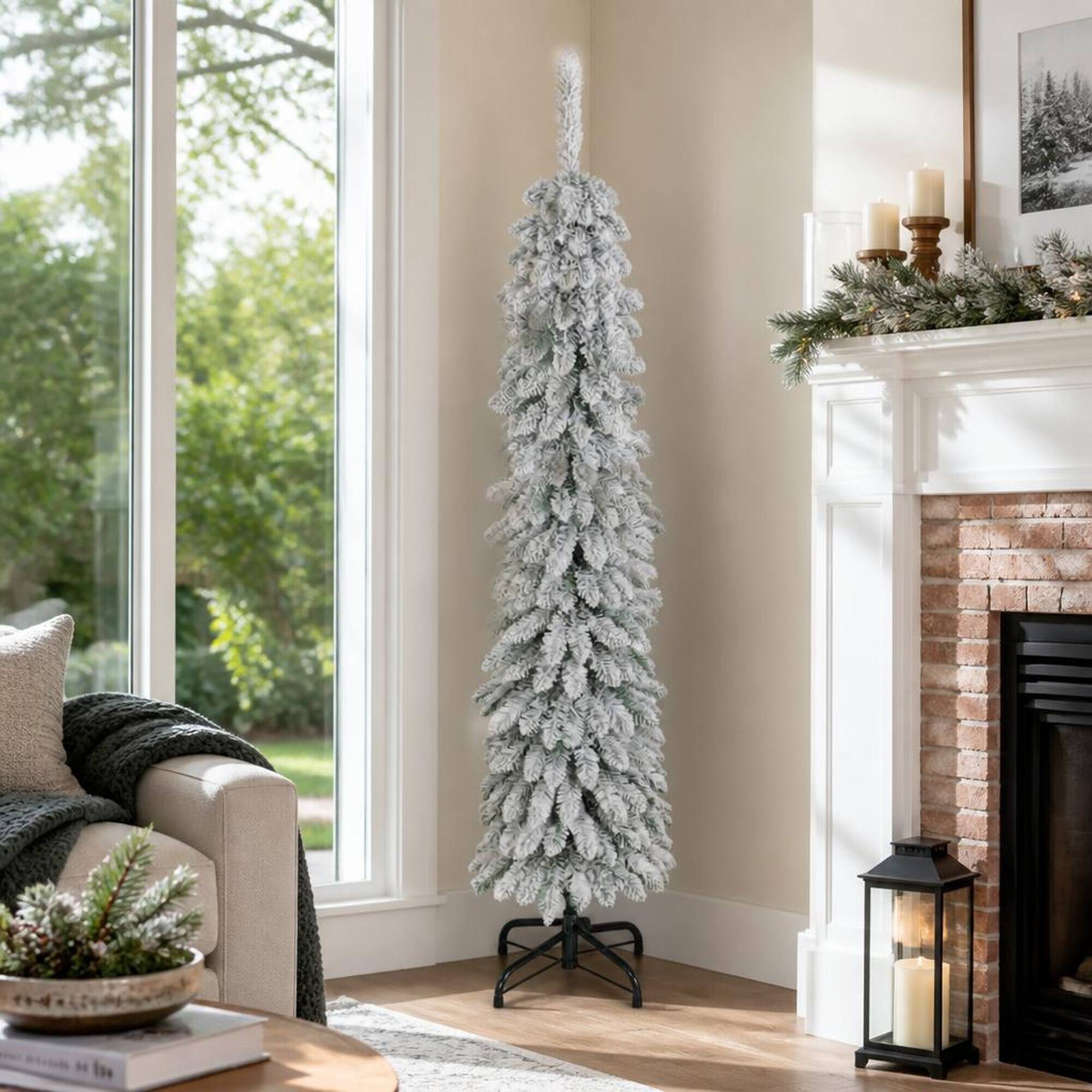 Back. RYHNUYNE - 5FT Unlit Flocked Slim Pencil Christmas Tree With 301 Realistic Snow Tips - Green.