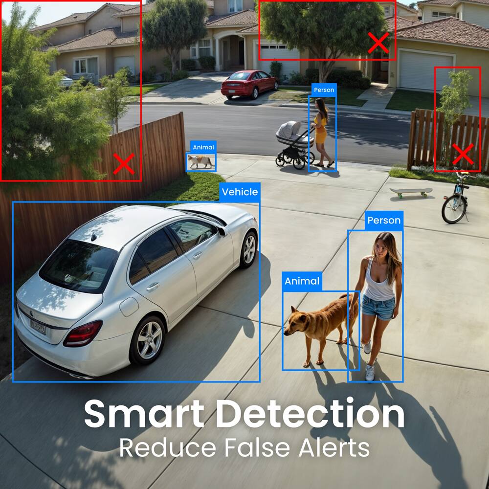 Sure, here is the corrected and grouped text from the image:

---

**Smart Detection**  
Reduce False Alerts

- Person
- Animal
- Vehicle
- Person
- Animal

---

The text is grouped as follows:

1. **Smart Detection**  
   Reduce False Alerts

2. **Person**  
   (Two instances)

3. **Animal**  
   (Two instances)

4. **Vehicle**  
   (One instance)