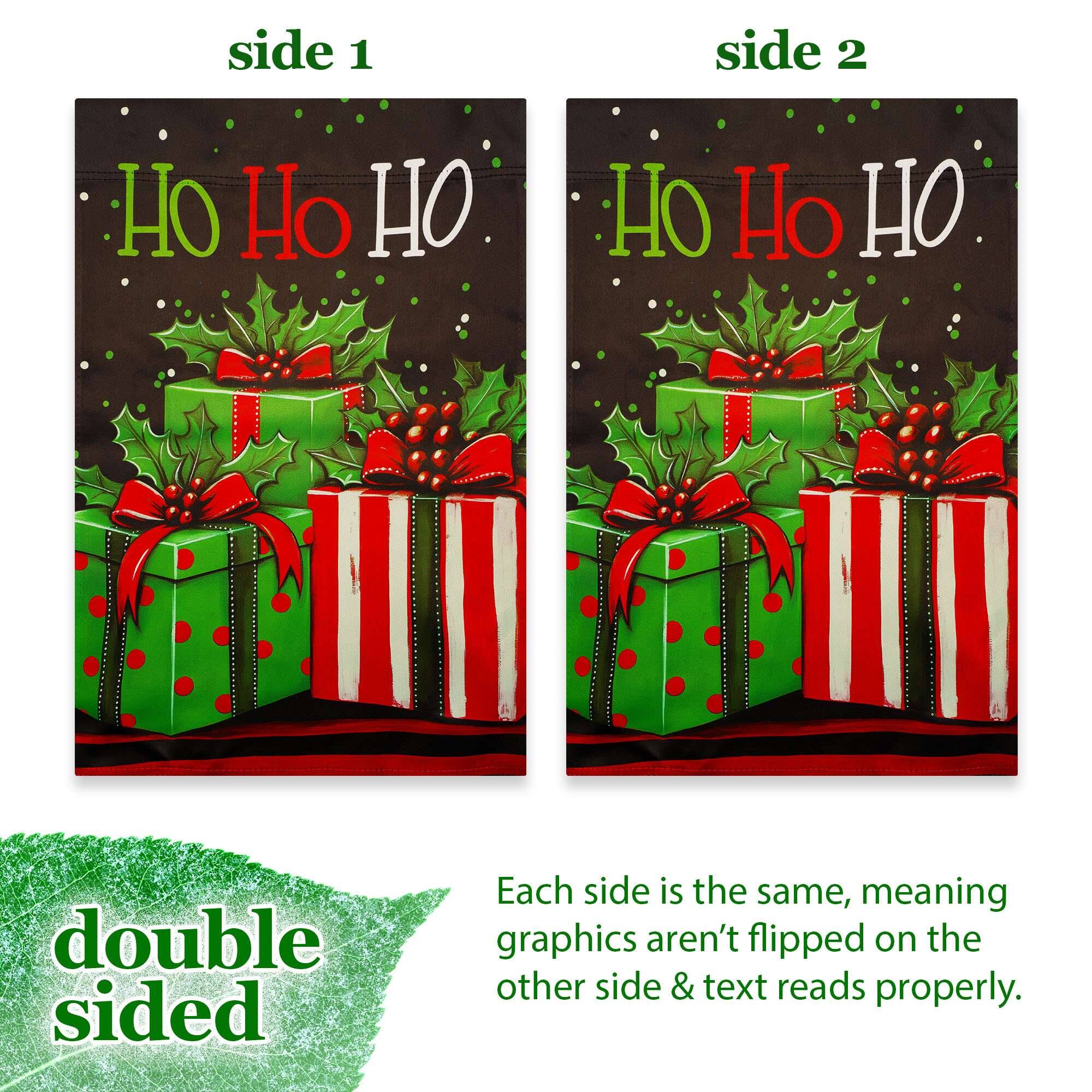side 1  
side 2  
HO Ho  
HO Ho HO  
double sided  
Each side is the same, meaning graphics aren't flipped on the other side & text reads properly.