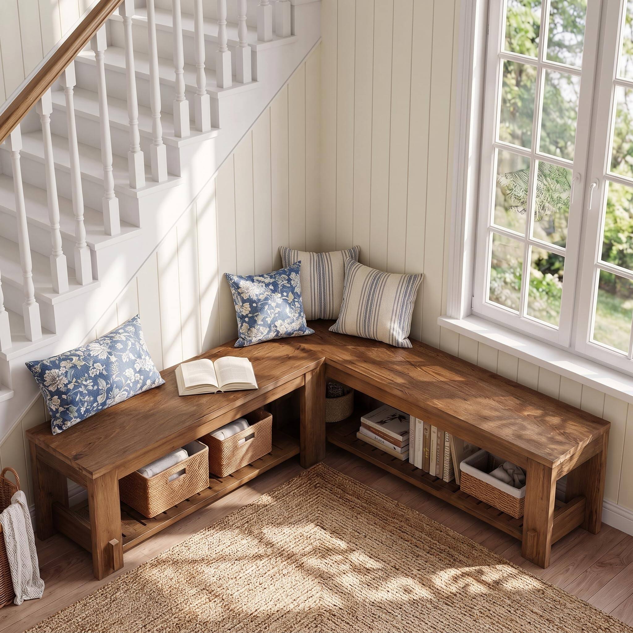 Left. Tribesigns - LITTLE TREE L-Shaped Corner Shoe Bench, Wooden Entryway Bench with Storage - Brown.