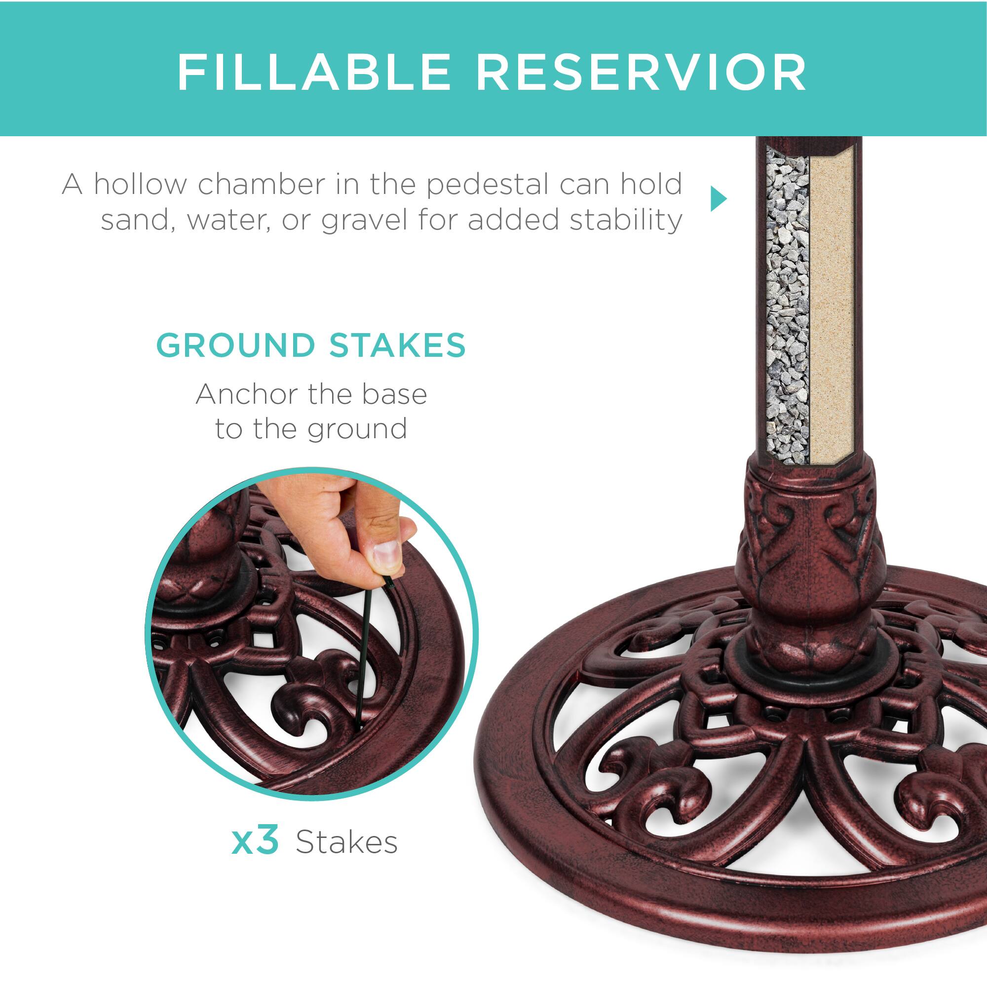 FILLABLE RESERVIOR  
A hollow chamber in the pedestal can hold sand, water, or gravel for added stability  

GROUND STAKES  
Anchor the base to the ground  
x3 Stakes