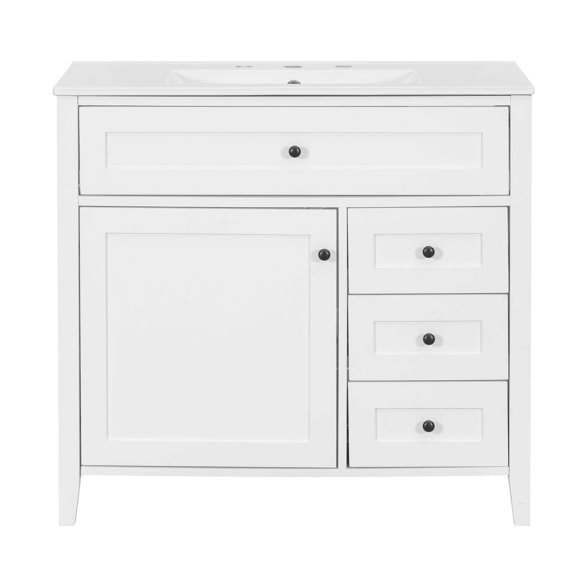 Back. Whisen - 36 Inch Bathroom Vanity with Ceramic Sink Combo Modern 3 Drawer 1 Door Storage Cabinet Freestanding - White.