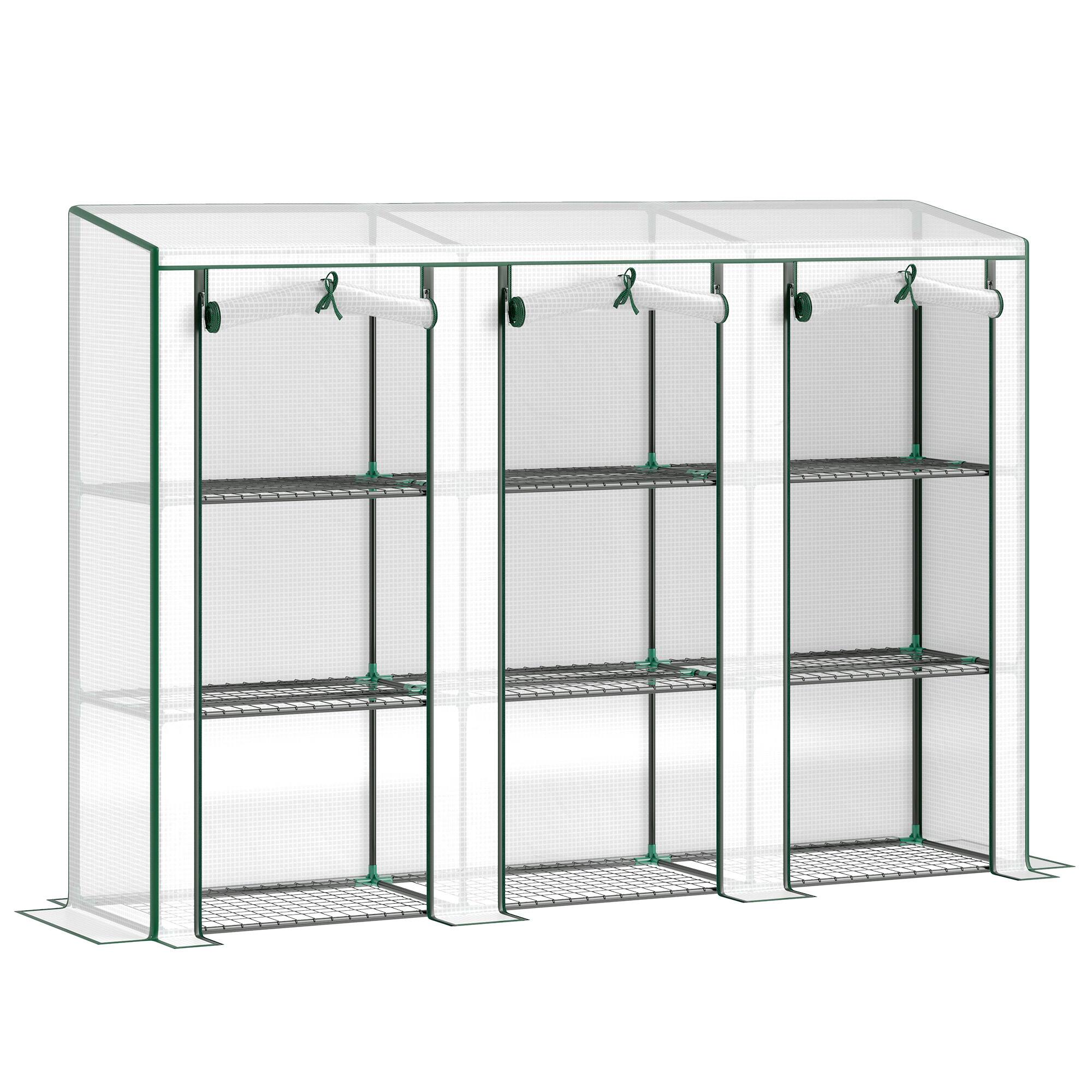 Front. Outsunny - x 18.1" x 56.7" Lean-to Mini Greenhouse, 3-Tier Shelves, 3 Roll-Up Doors - White.