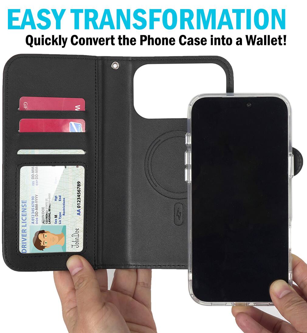 EASY TRANSFORMATION  
Quickly Convert the Phone Case into a Wallet!  

DRIVER LICENSE  
DD-MM DD-MM ISS EXP 90 678 DD-MM-YYYY A012 A01234567890 345  
D0B St. I STATE  
HNDOE  
23NOMRESTATES LANSING Hgt End Restrictions M LicType SexA Lic  
0123456789 AA John Doe