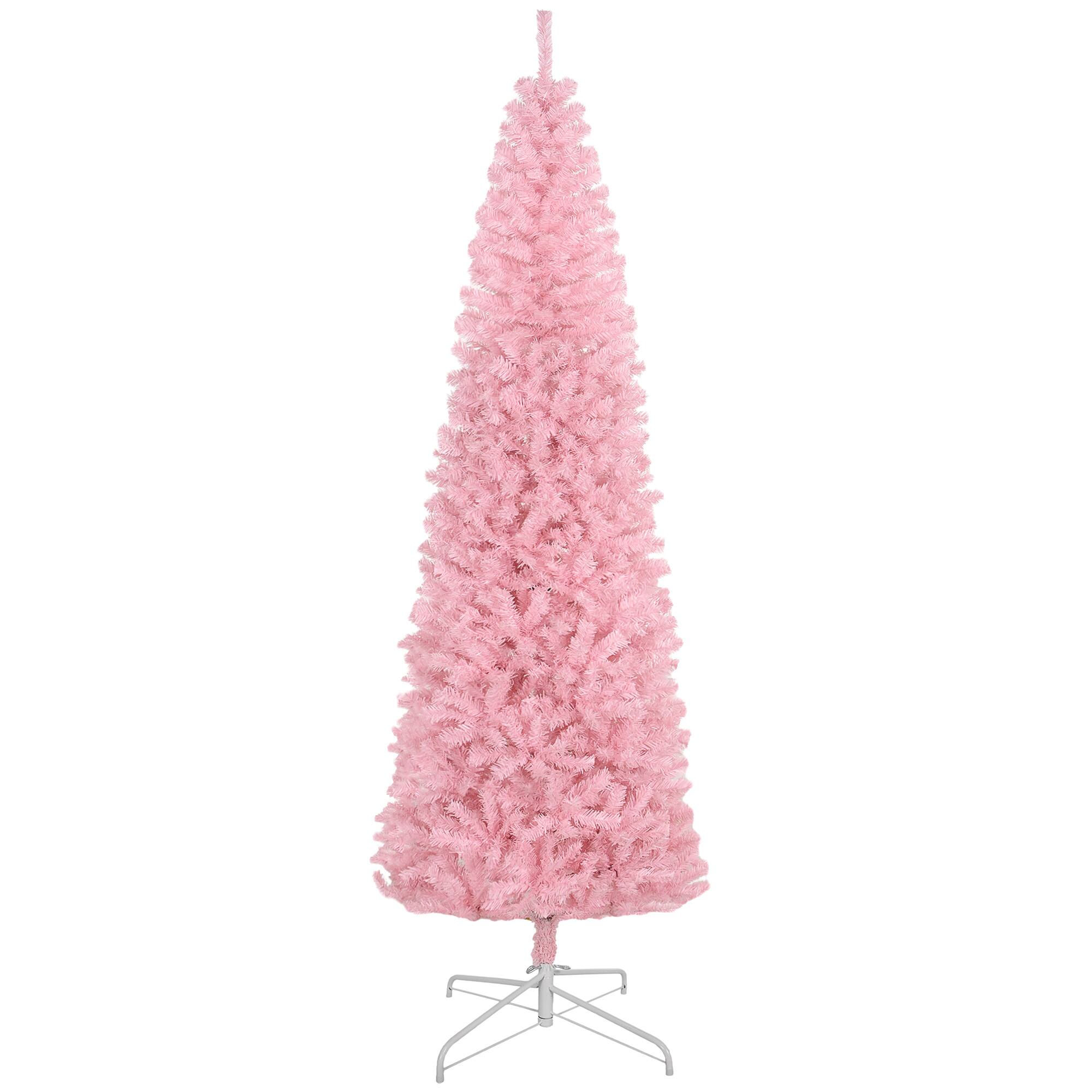 Front. Ecooso - 8' Tall Unlit Slim Douglas Fir Artificial Christmas Tree with 1168 Realistic Branch Tips - Pink.
