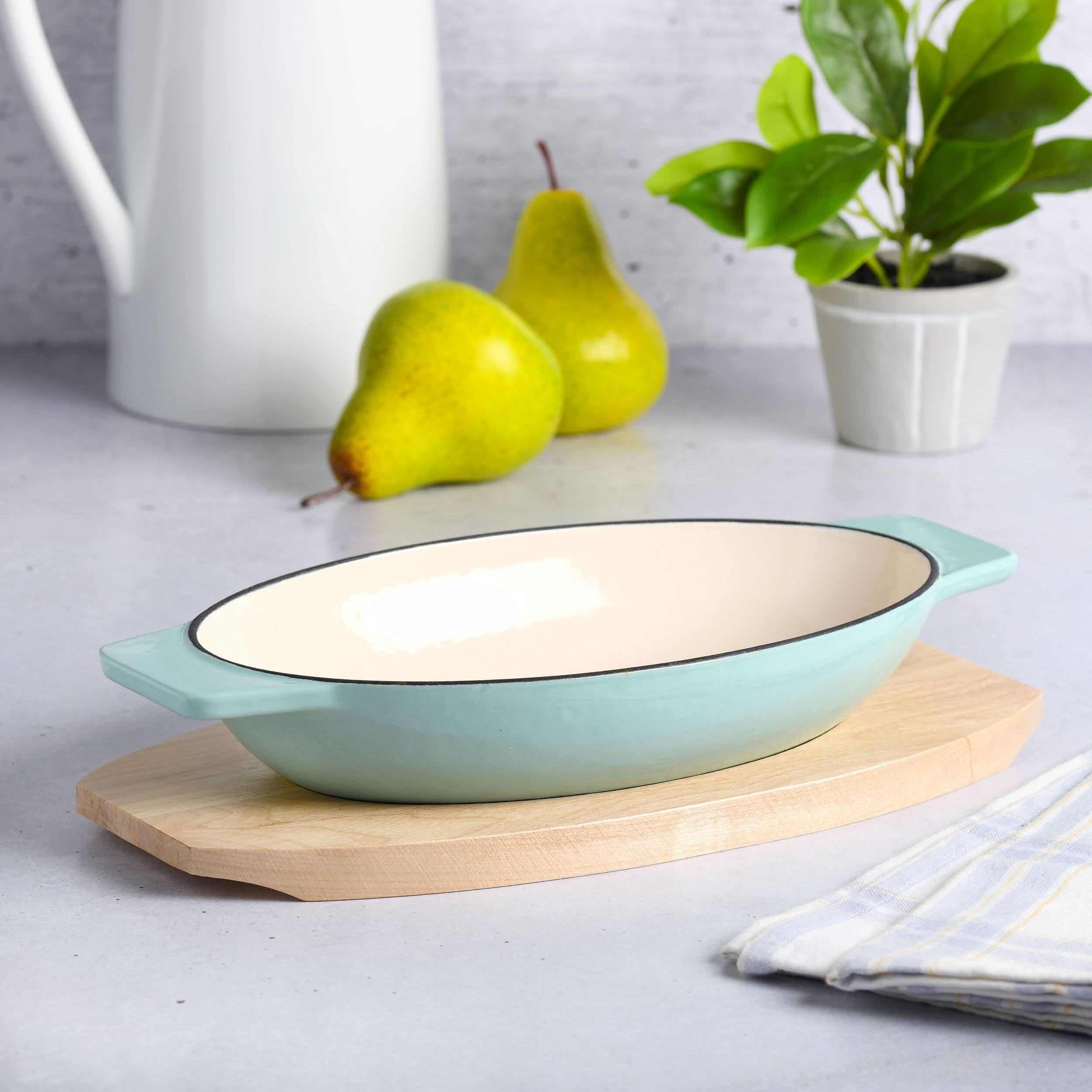 Alt View 7. Martha Stewart - Martha Stewart 2 Piece Enameled Cast Iron Oval Casserole Birch Wood Trivet Set in Aqua - Aqua.