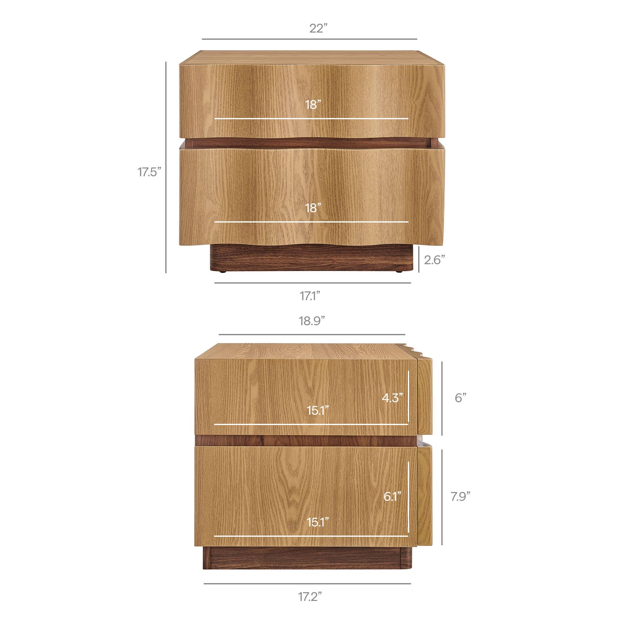 Sure, here is the corrected and grouped text from the image:

- **Dimensions of the top drawer:**
  - Width: 22"
  - Depth: 18"
  - Height: 17.5"

- **Dimensions of the middle drawer:**
  - Width: 22"
  - Depth: 18"
  - Height: 18.9"
  - Depth of drawer front: 2.6"

- **Dimensions of the bottom drawer:**
  - Width: 22"
  - Depth: 18"
  - Height: 15.1"
  - Depth of drawer front: 4.3"

- **Overall dimensions of the cabinet:**
  - Width: 22"
  - Depth: 17.1"
  - Height: 17.2"

- **Additional dimensions:**
  - Height of the cabinet: 18.9"
  - Height of the bottom drawer: 15.1"
  - Width of the drawer front: 6"
  - Width of the drawer front: 6.1"
  - Width of the drawer front: 7.9"